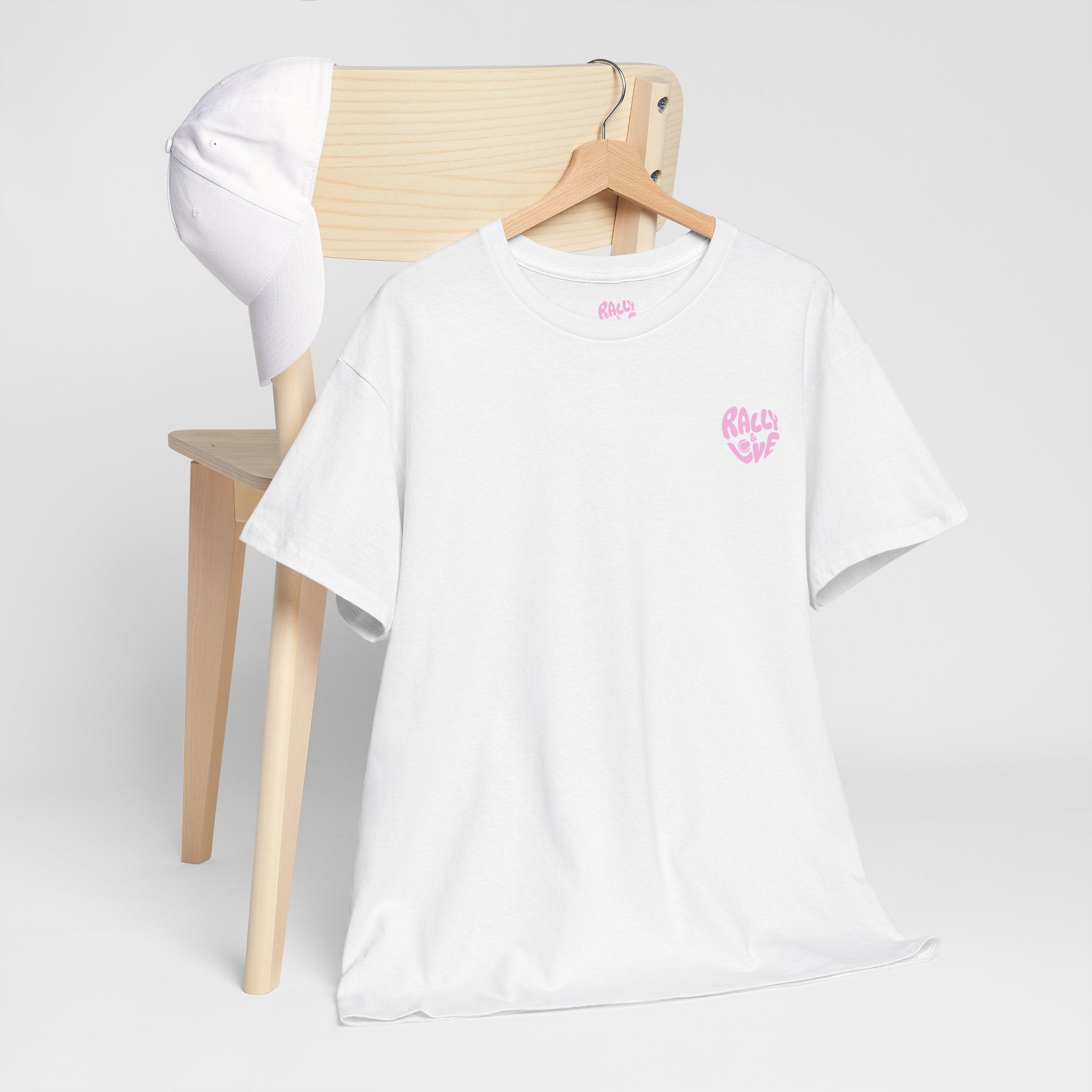 Women's Tee - Minimalist "Rally & Love" logo Chest Print (bubblegum pink)