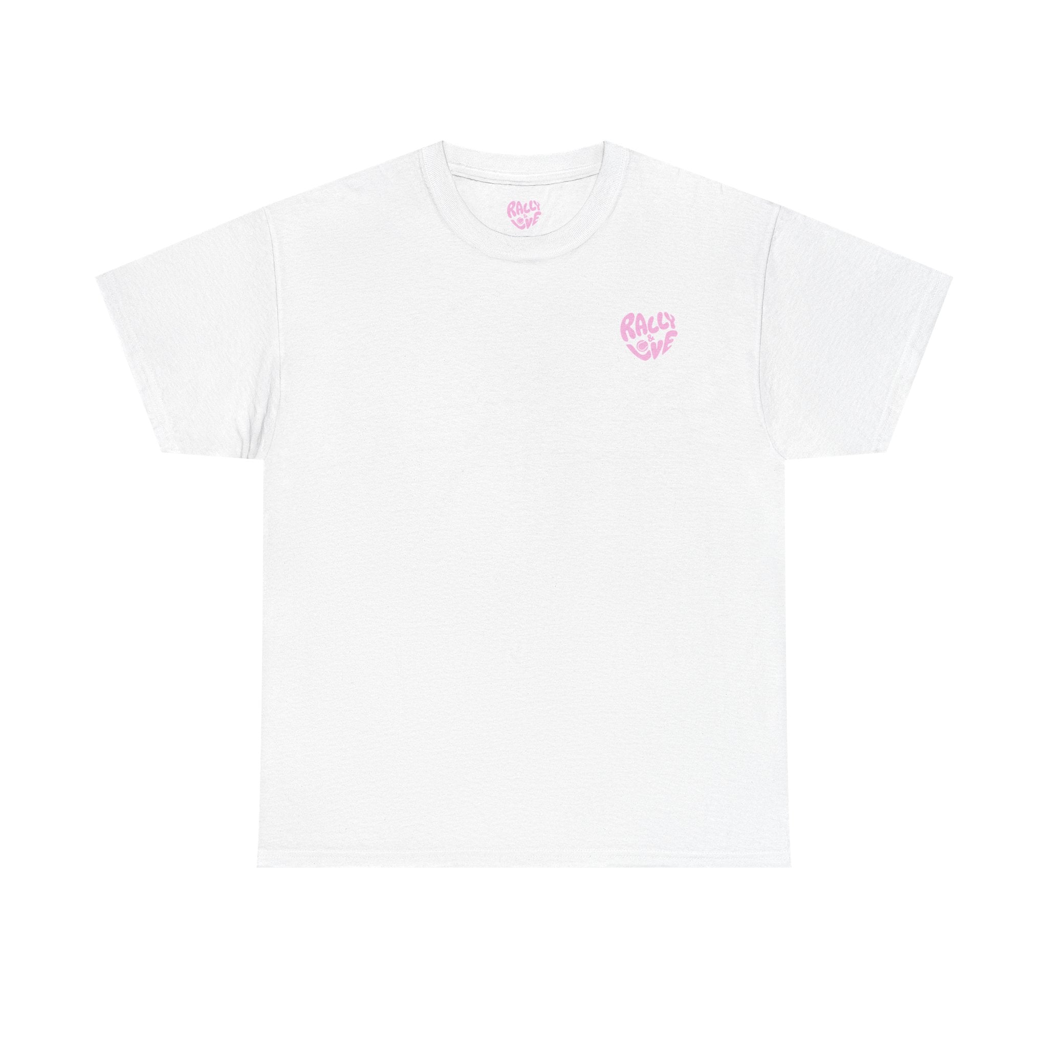 Women's Tee - Minimalist "Rally & Love" logo Chest Print (bubblegum pink)