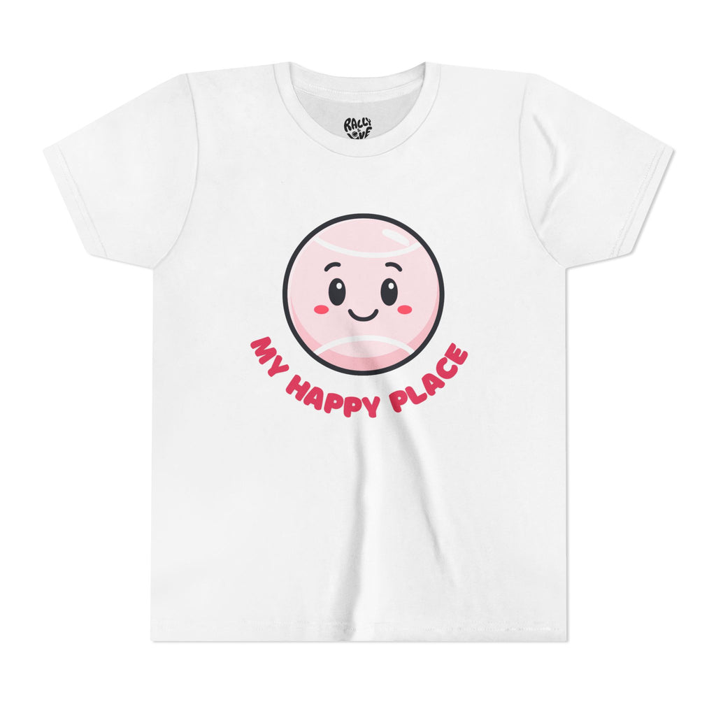 Girl's Junior Tee — Cute Smiling Tennis Ball "My Happy Place" Kids Shirt
