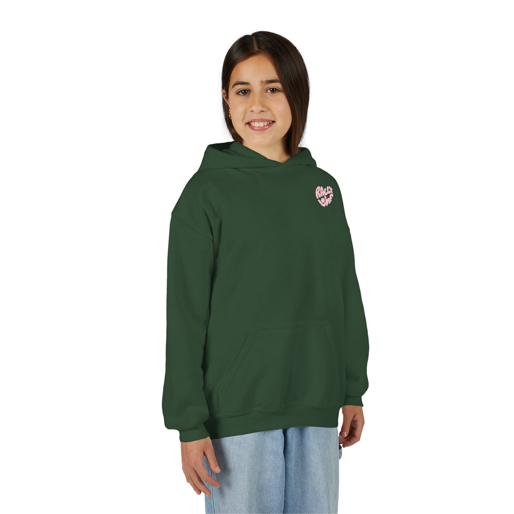 Girl's Junior Hoodie sweatshirt — "Rally & Love" Heart Chest Tennis Graphic Sweatshirt (Pink logo)