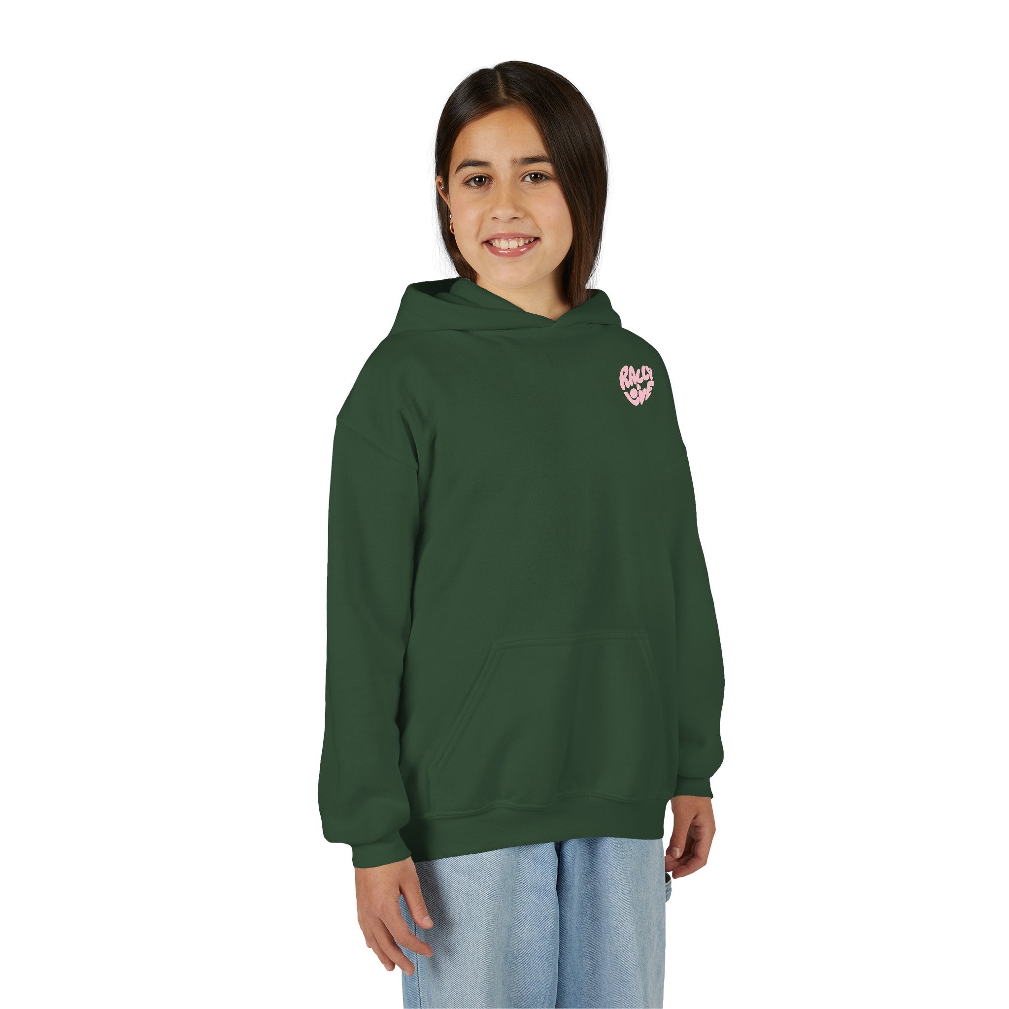 Girl's Junior Hoodie sweatshirt — "Rally & Love" Heart Chest Tennis Graphic Sweatshirt (Pink logo)