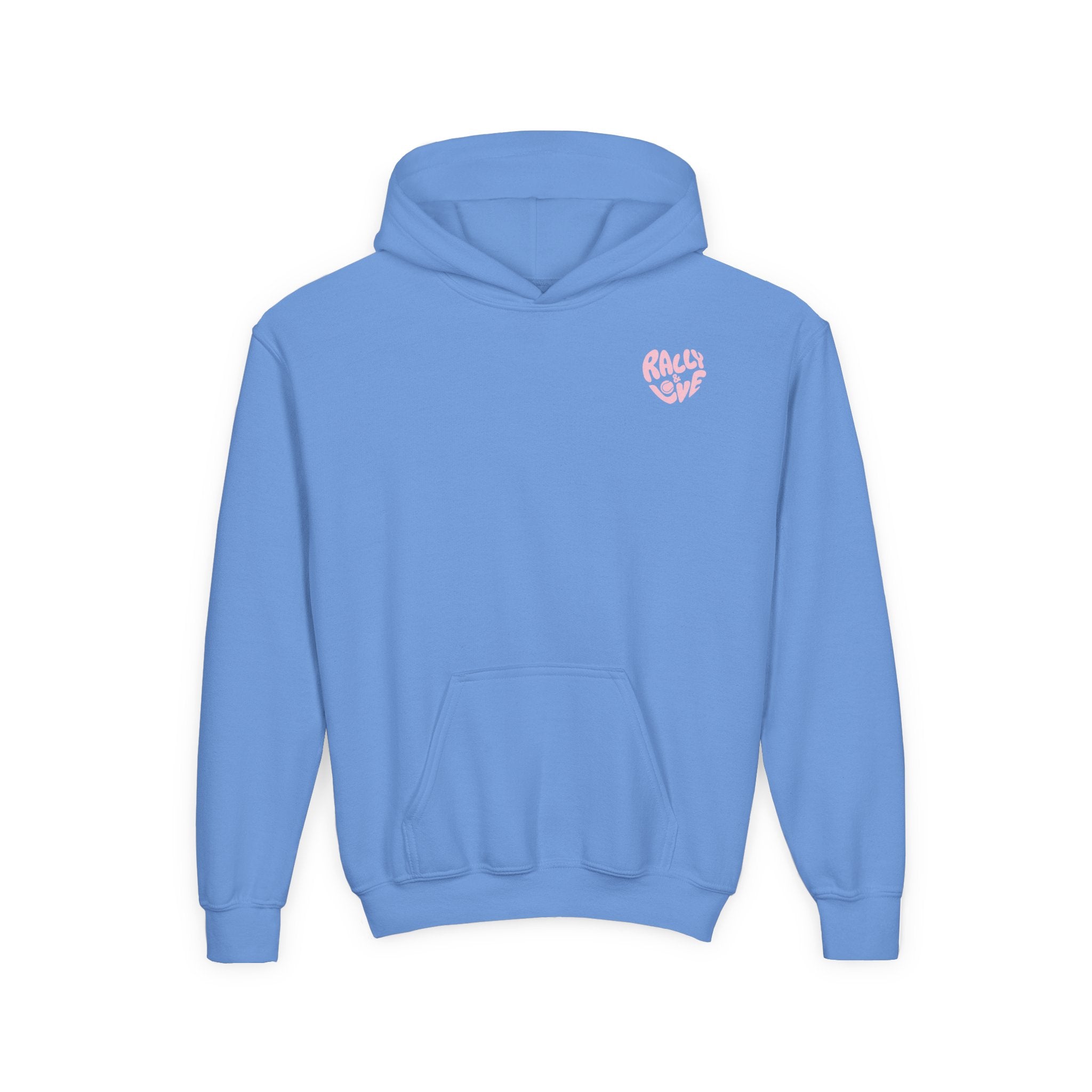 Girl's Junior Hoodie sweatshirt — "Rally & Love" Heart Chest Tennis Graphic Sweatshirt (Pink logo)