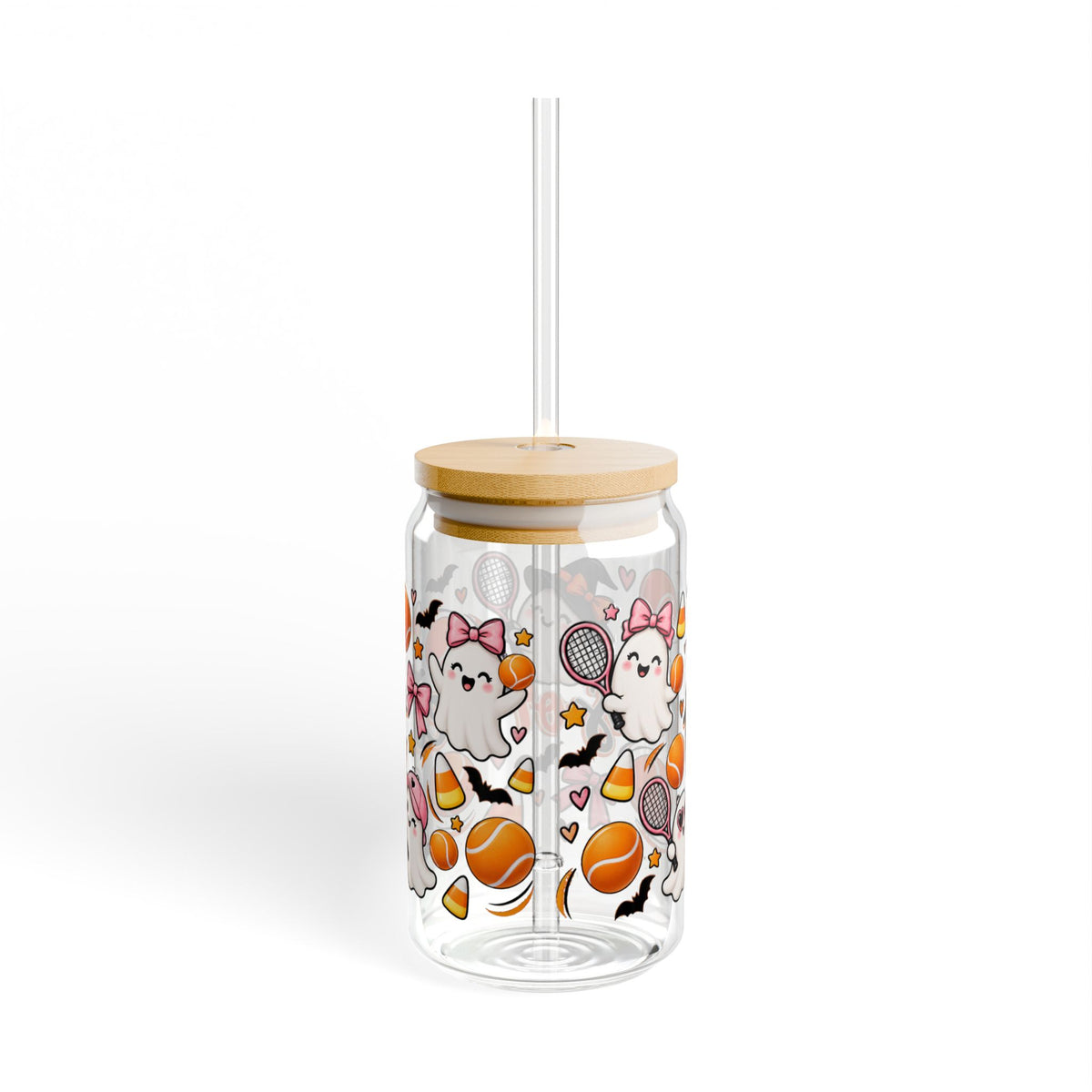 Halloween Tennis Sipper Glass, 16oz — 'Tennis-or-Treat' Cute Ghosts & Candy Corn