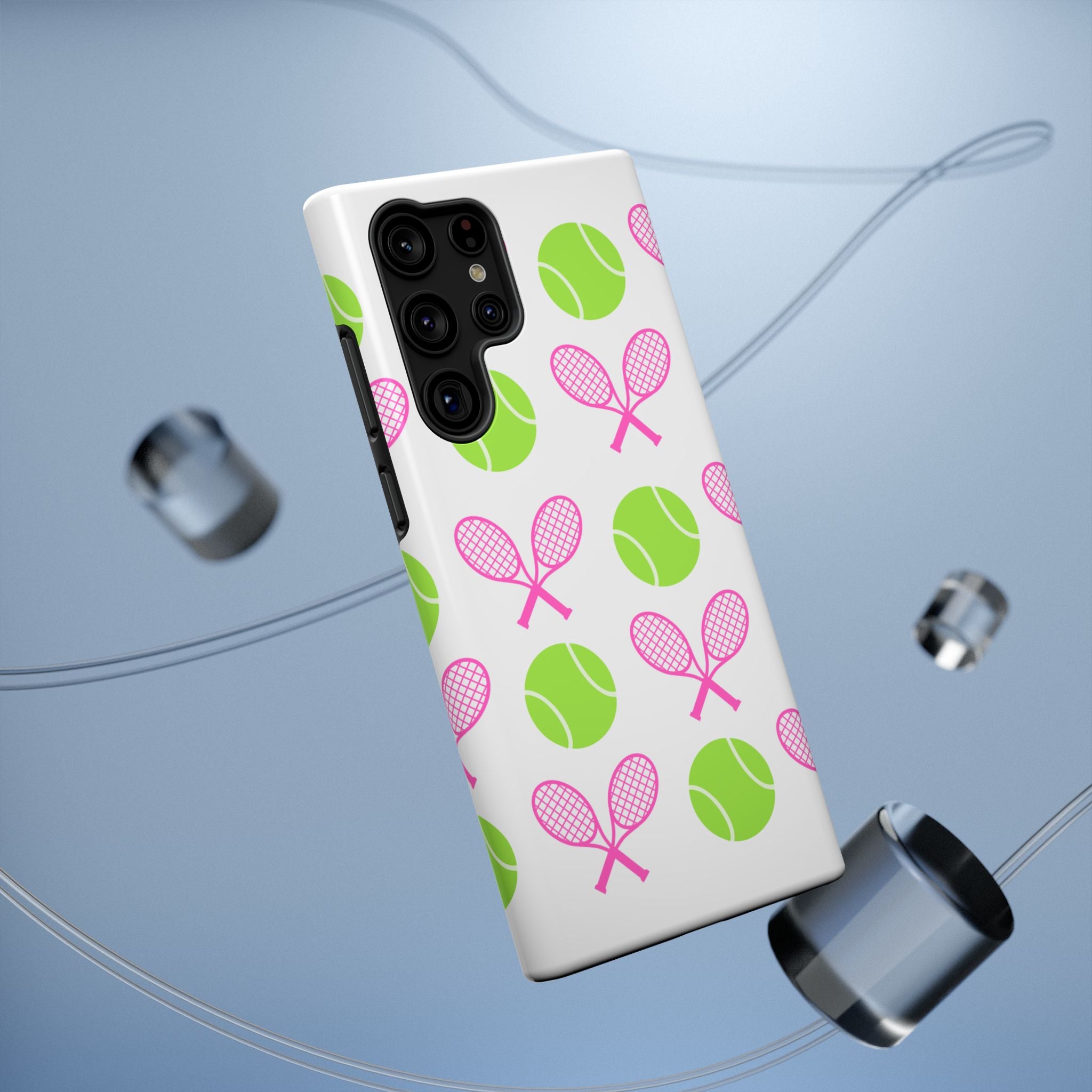 Tennis Pattern Impact-Resistant Phone Case — Pink Rackets & Green Balls
