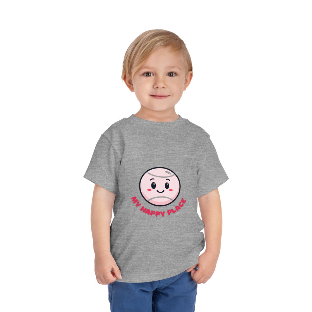 Girl Toddler's Junior Tee - 'My Happy Place' Cute Tennis Ball Smiley Face T-Shirt