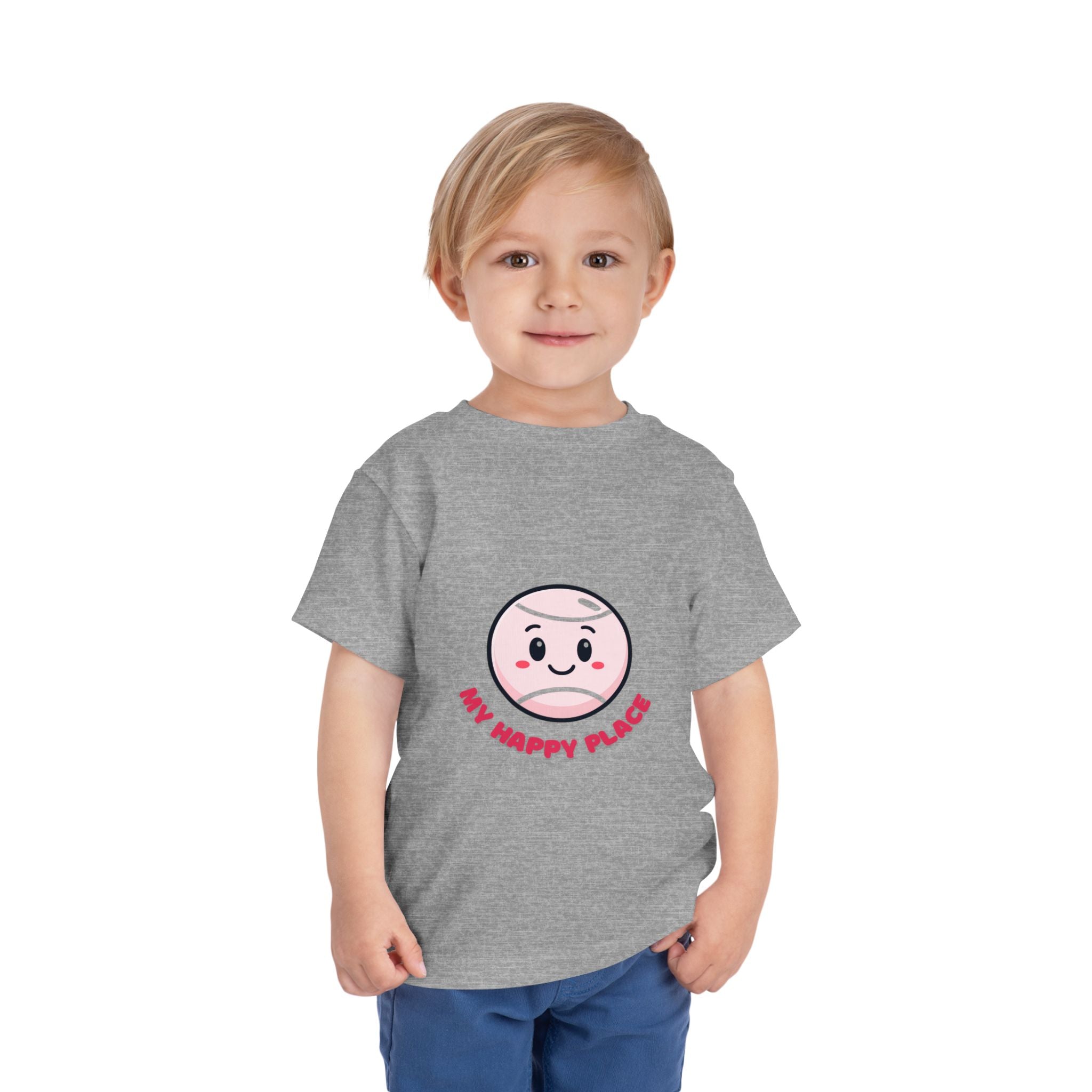 Girl Toddler's Junior Tee - 'My Happy Place' Cute Tennis Ball Smiley Face T-Shirt