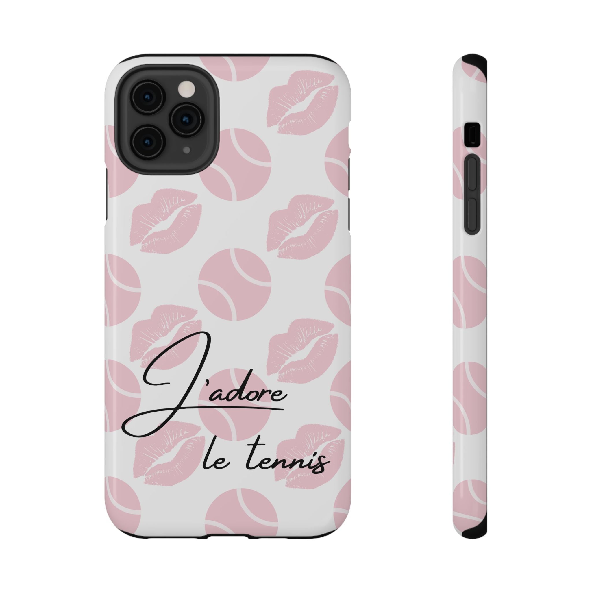 Impact-Resistant Phone Case - 'J'adore le tennis', pink tennis balls/lips