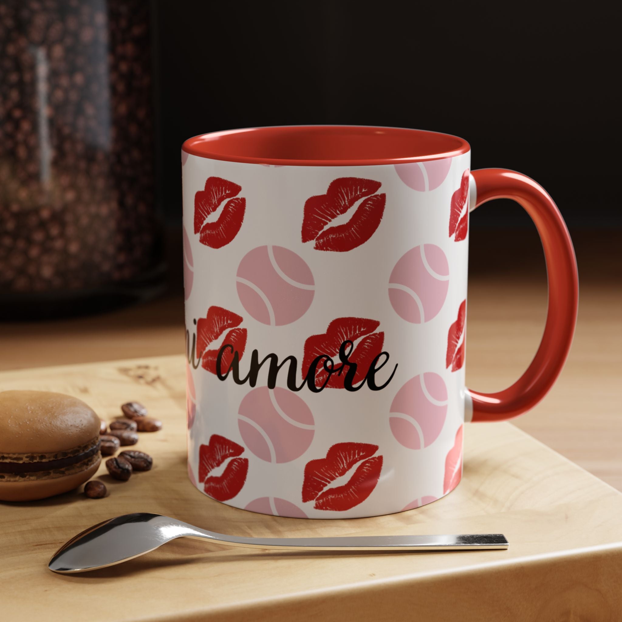 Tennis Kiss Accent Coffee Mug — 'Tennis mi amore' Pink Lip & Ball Pattern (11/15oz)