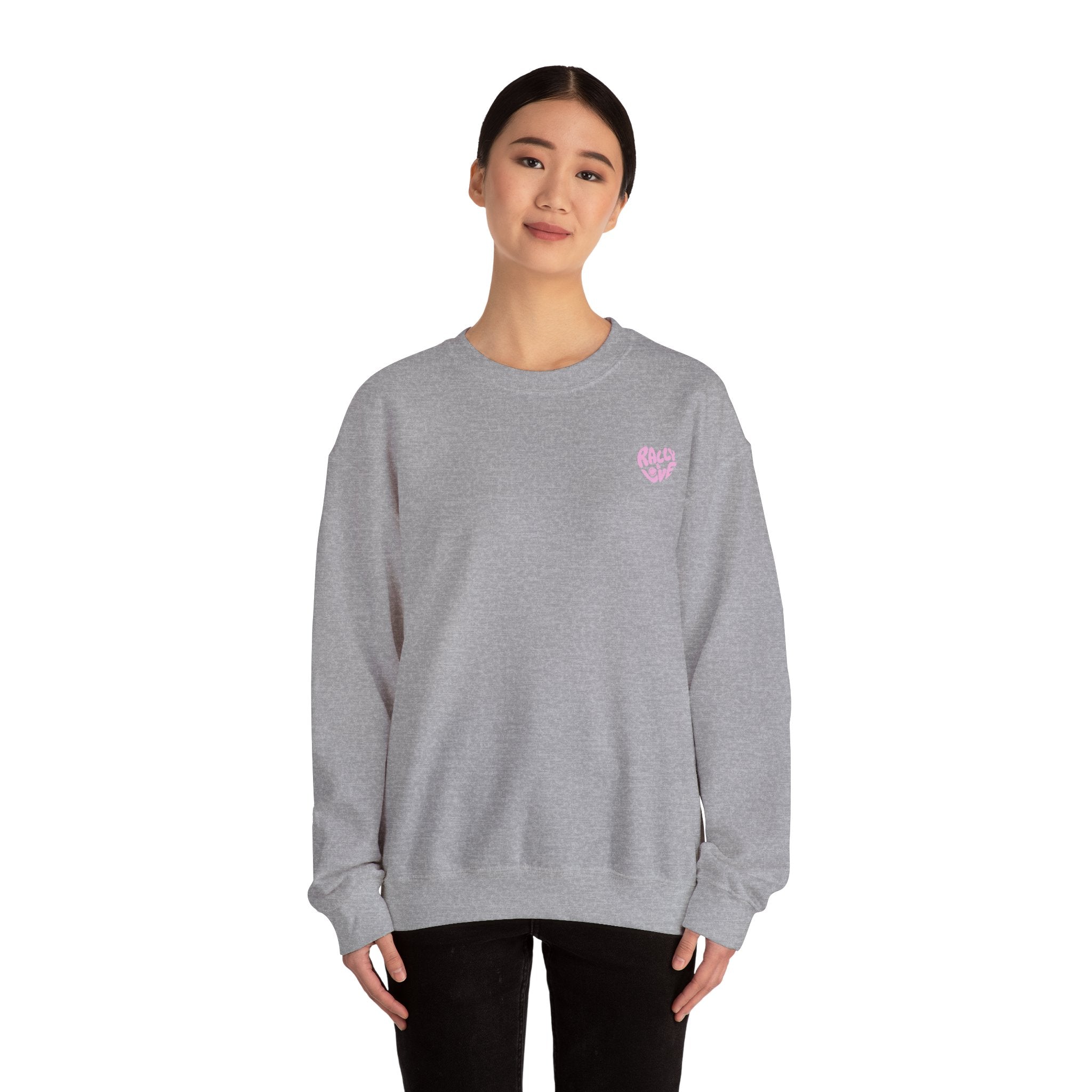 Women's Crewneck Sweatshirt — "Rally & Love" logo Chest Sweatshirt (bubblegum pink)