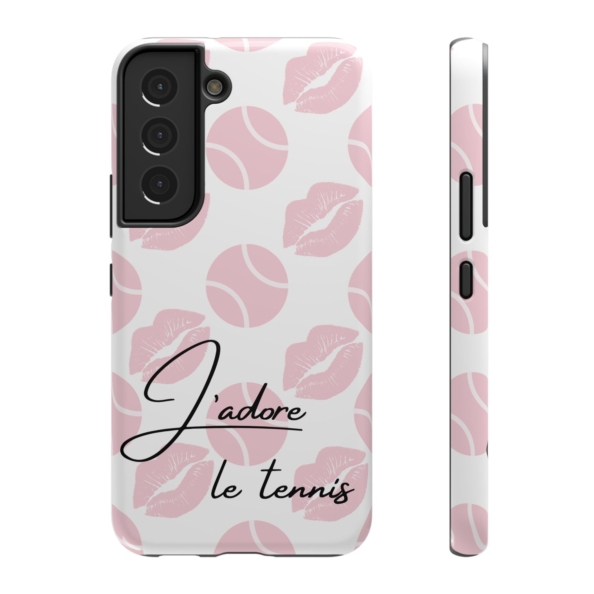 Impact-Resistant Phone Case - 'J'adore le tennis', pink tennis balls/lips