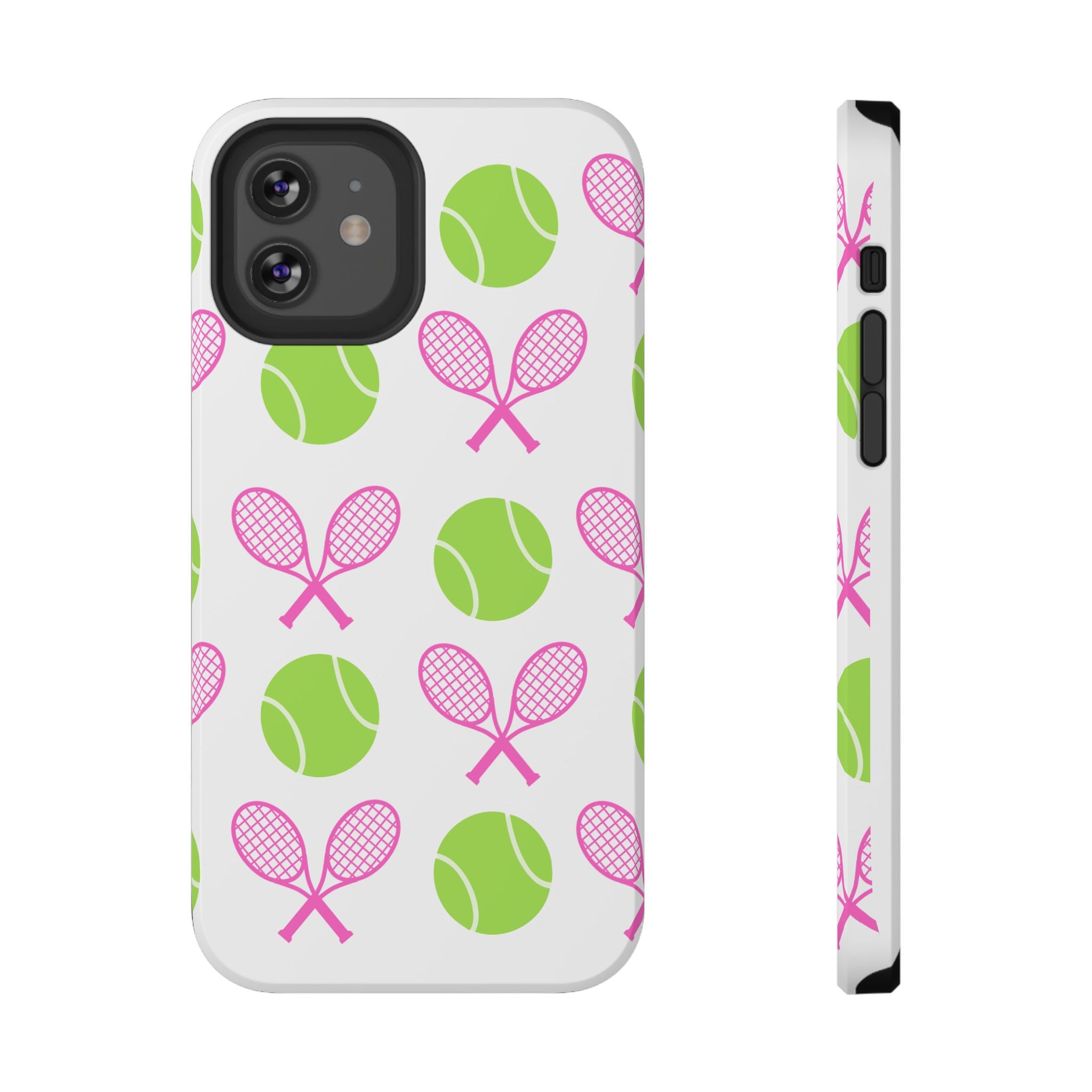Tennis Pattern Impact-Resistant Phone Case — Pink Rackets & Green Balls
