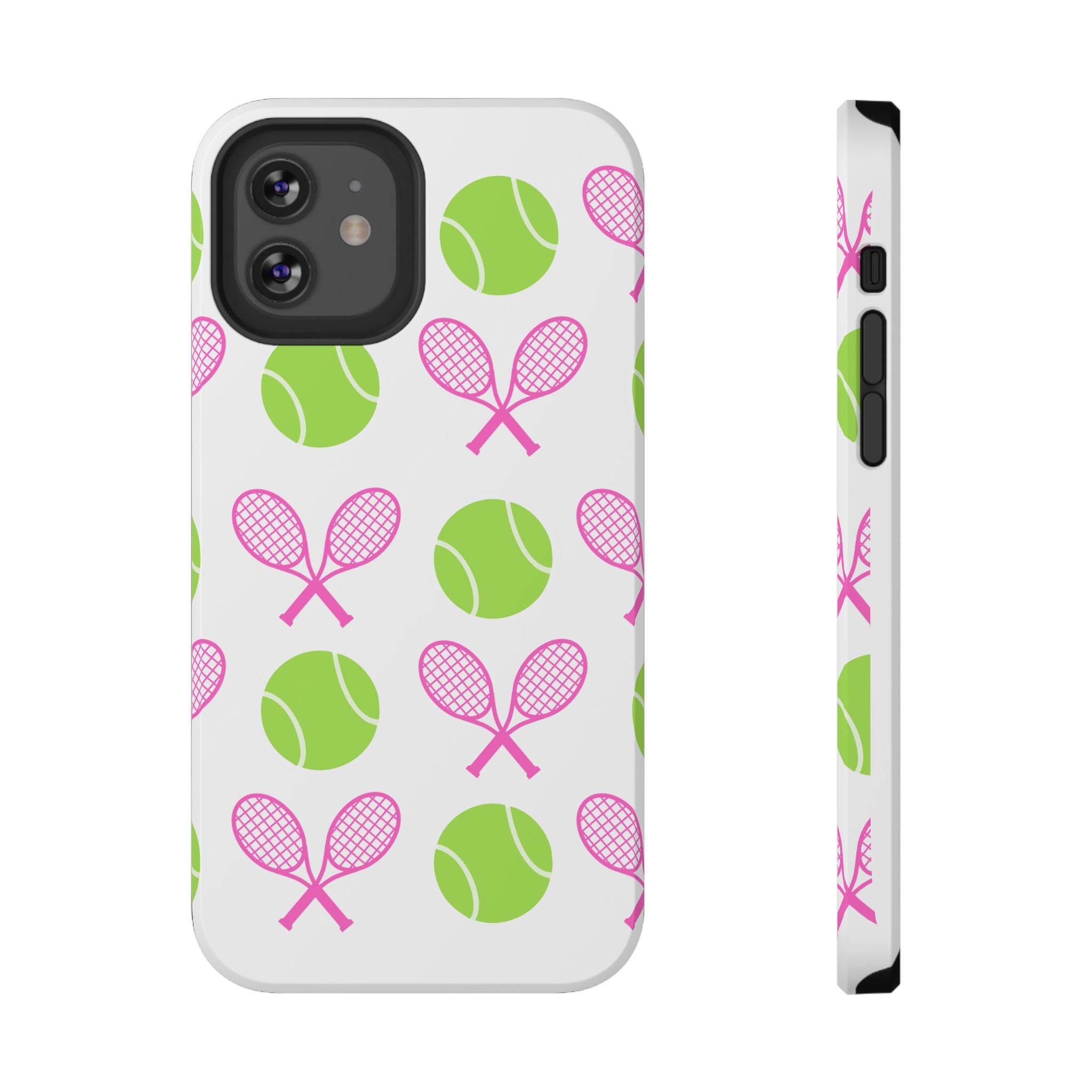 Tennis Pattern Impact-Resistant Phone Case — Pink Rackets & Green Balls