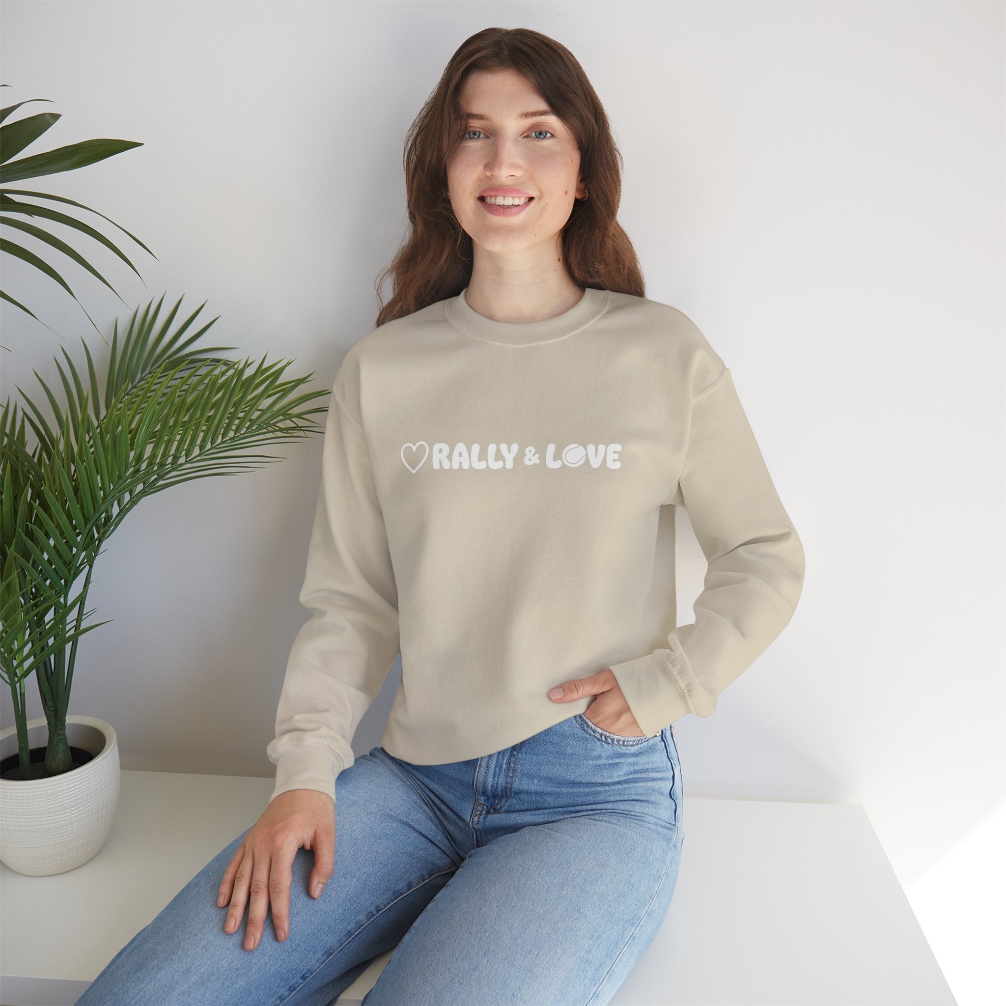 Women's Crewneck Sweatshirt - 'Rally & Love' tennis, soft neutral sweatshirt (cream)