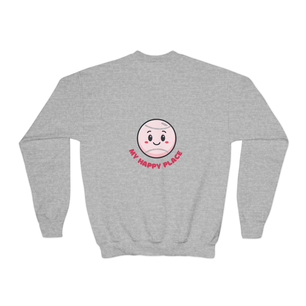 Girl's Junior Crewneck Sweatshirt — Cute Smiling Tennis Ball "My Happy Place" Kids Shirt