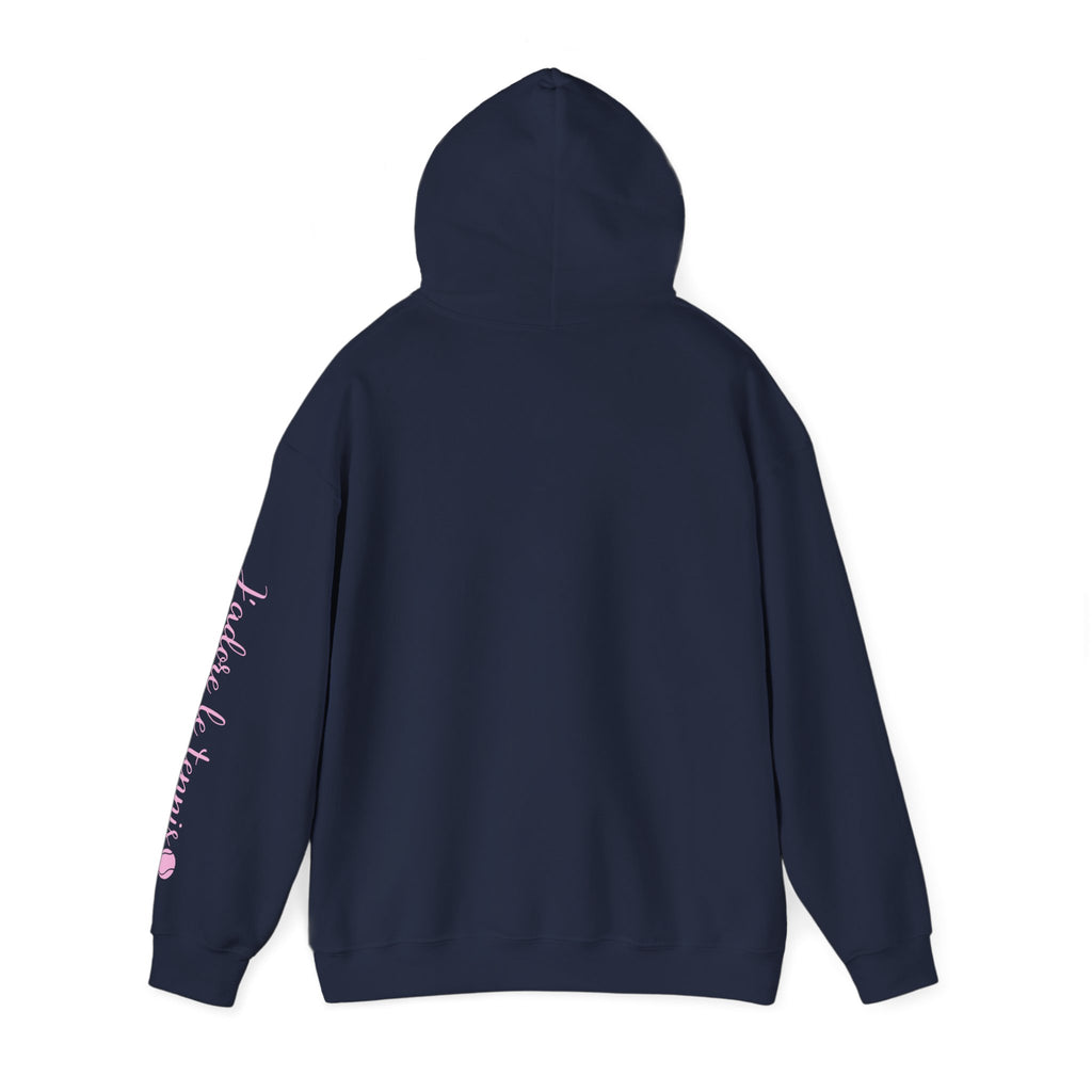 Women's Hoodie sweatshirt — "J'adore le tennis" Tennis Ball Sleeve Design (bubblegum pink)