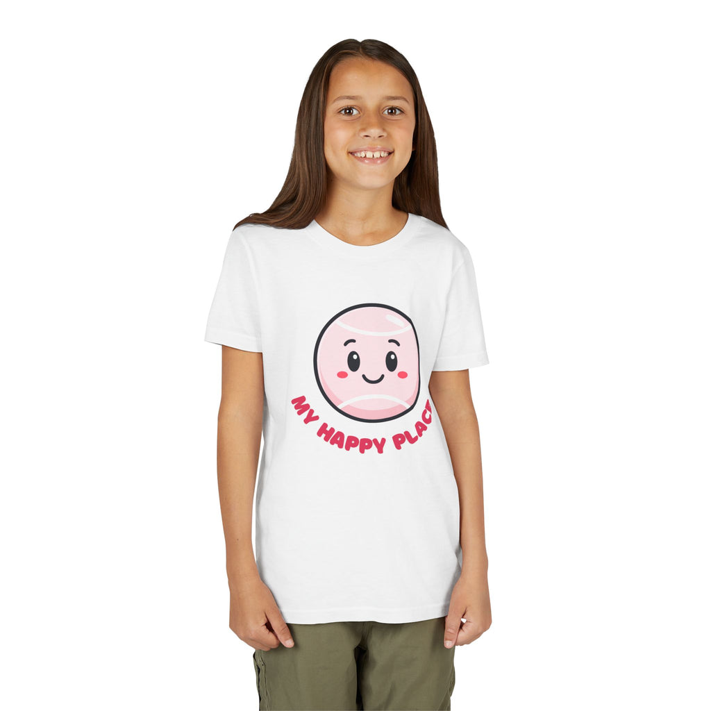 Girl's Junior Tee — Cute Smiling Tennis Ball "My Happy Place" Kids Shirt