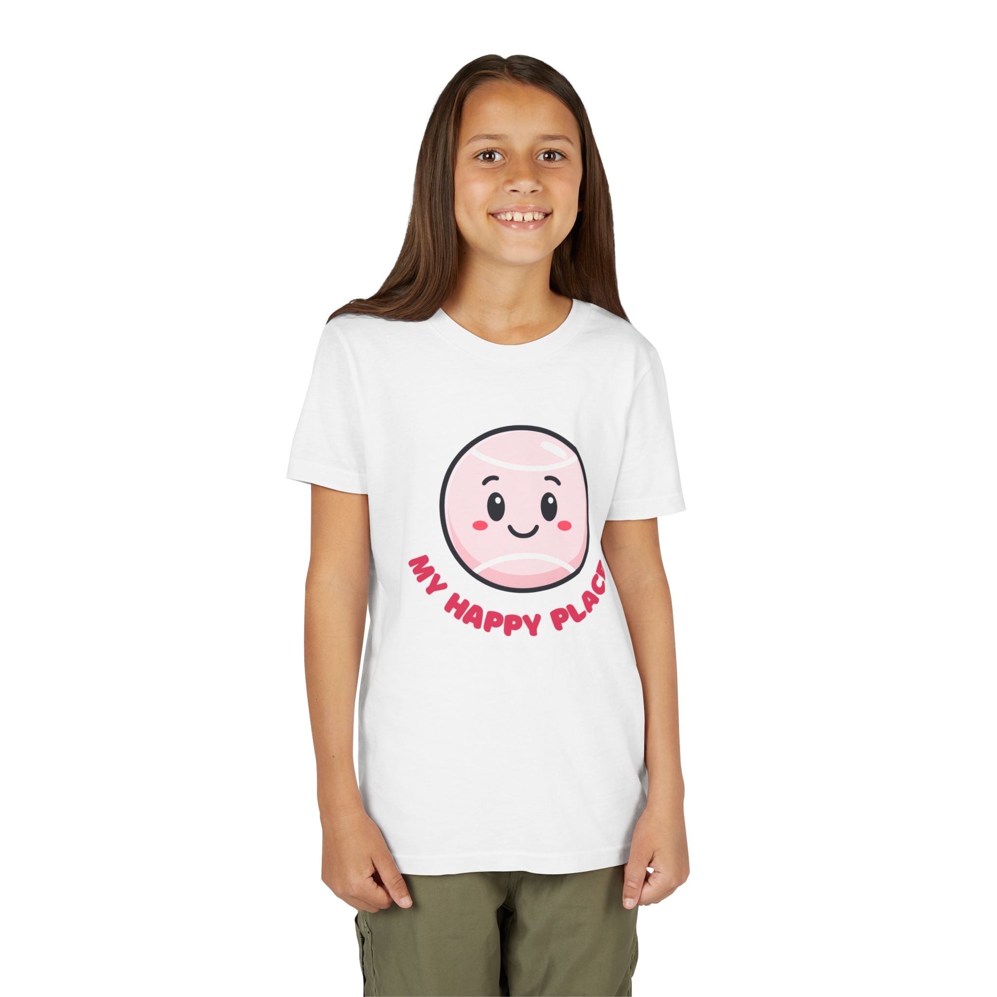 Girl's Junior Tee — Cute Smiling Tennis Ball "My Happy Place" Kids Shirt