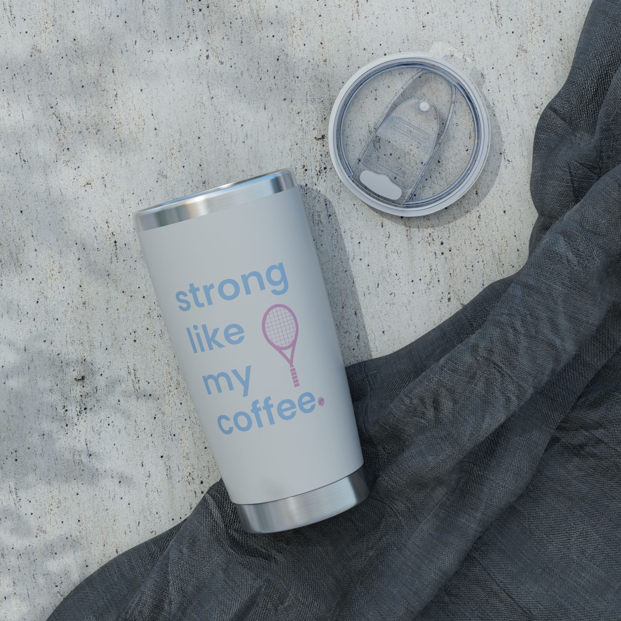 20oz Coffee Tumbler – "Strong Like My Coffee" Tennis Racket Insulated Travel Cup (bubblegum pink/blue)