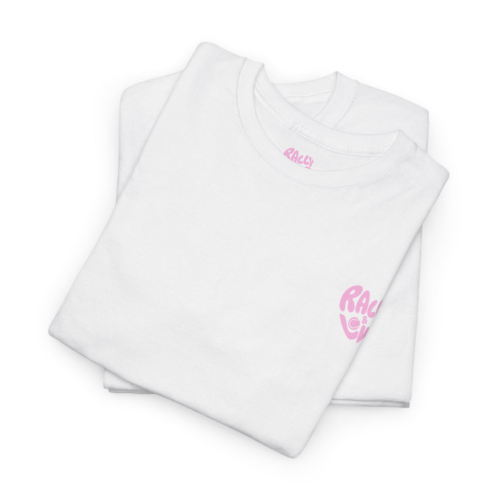 Women's Tee - Minimalist "Rally & Love" logo Chest Print (bubblegum pink)