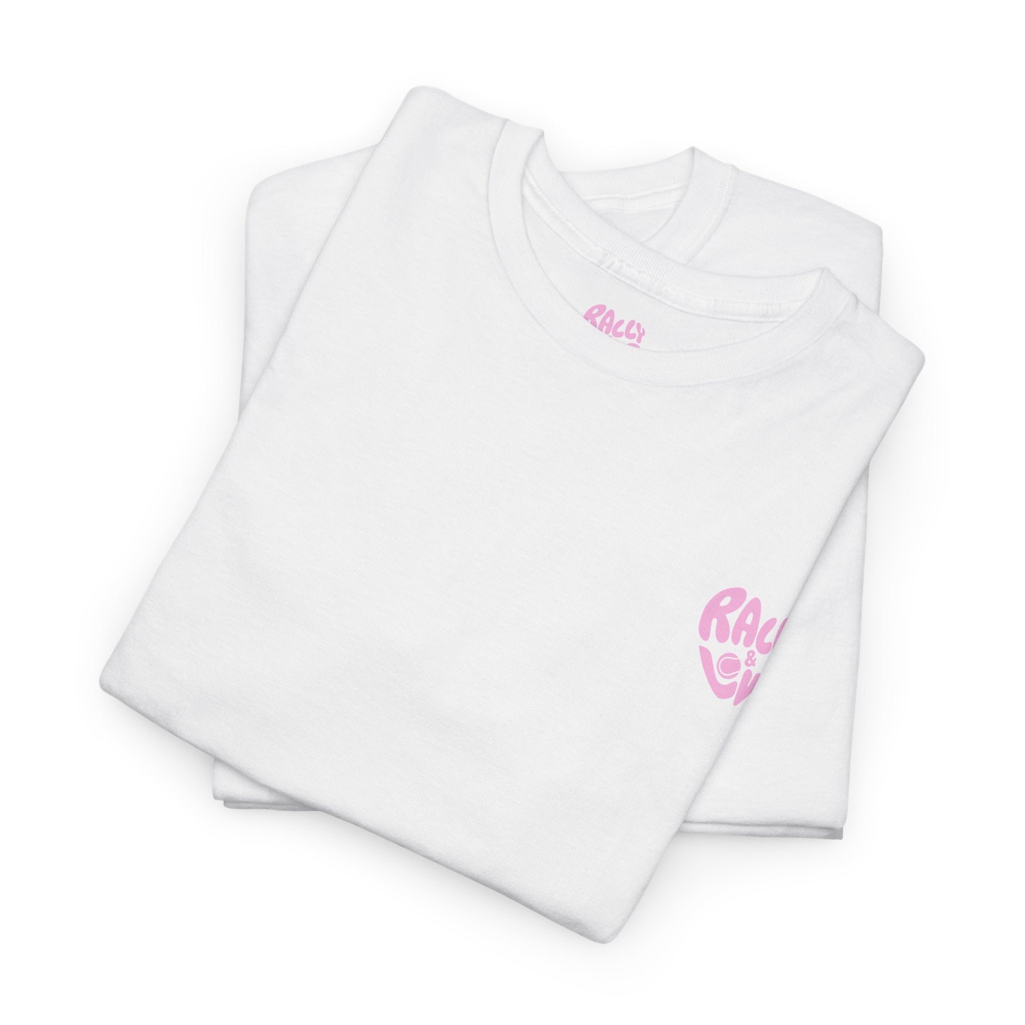 Women's Tee - Minimalist "Rally & Love" logo Chest Print (bubblegum pink)