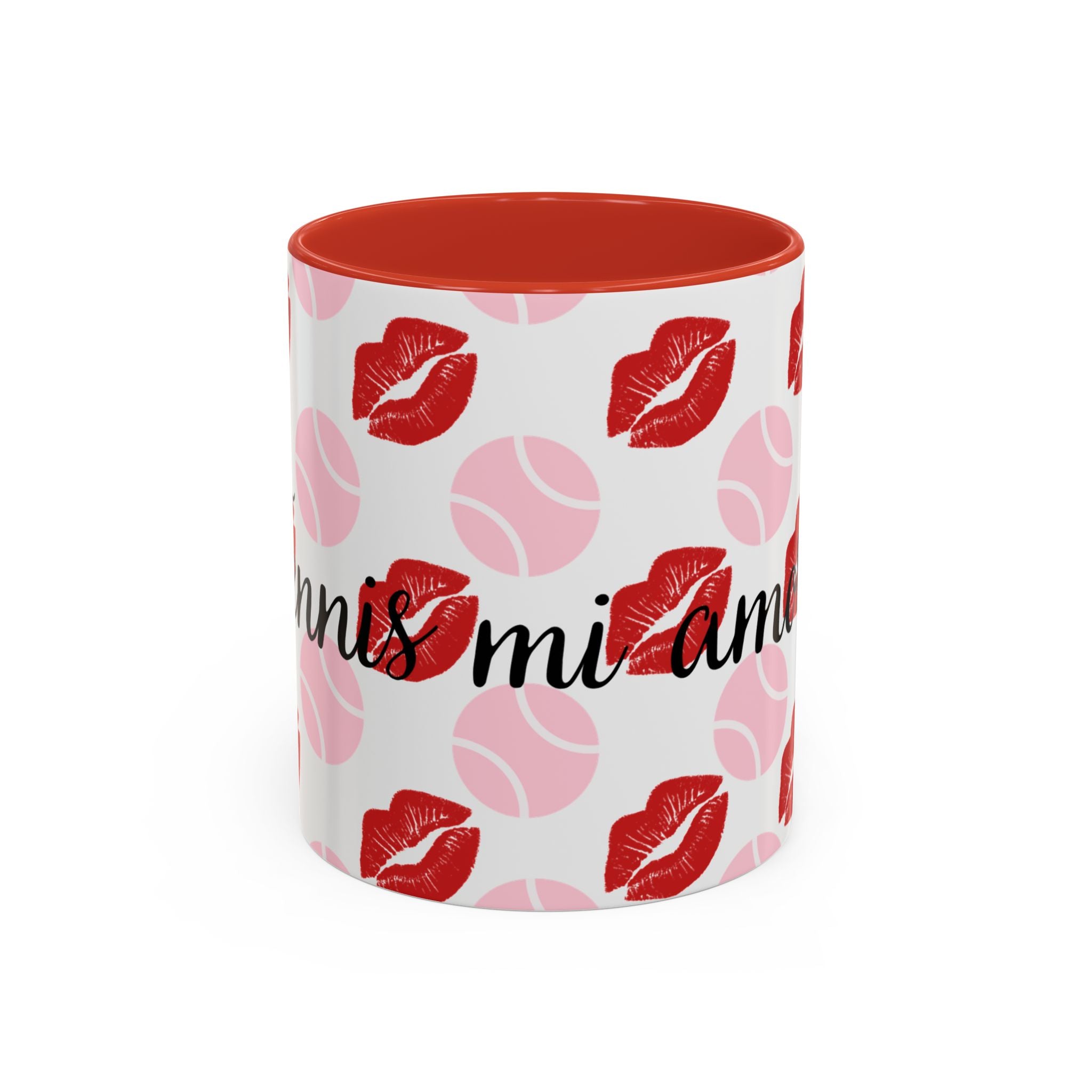 Tennis Kiss Accent Coffee Mug — 'Tennis mi amore' Pink Lip & Ball Pattern (11/15oz)