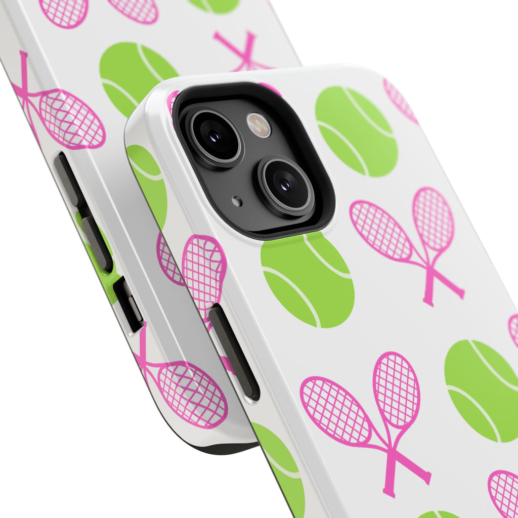 Tennis Pattern Impact-Resistant Phone Case — Pink Rackets & Green Balls