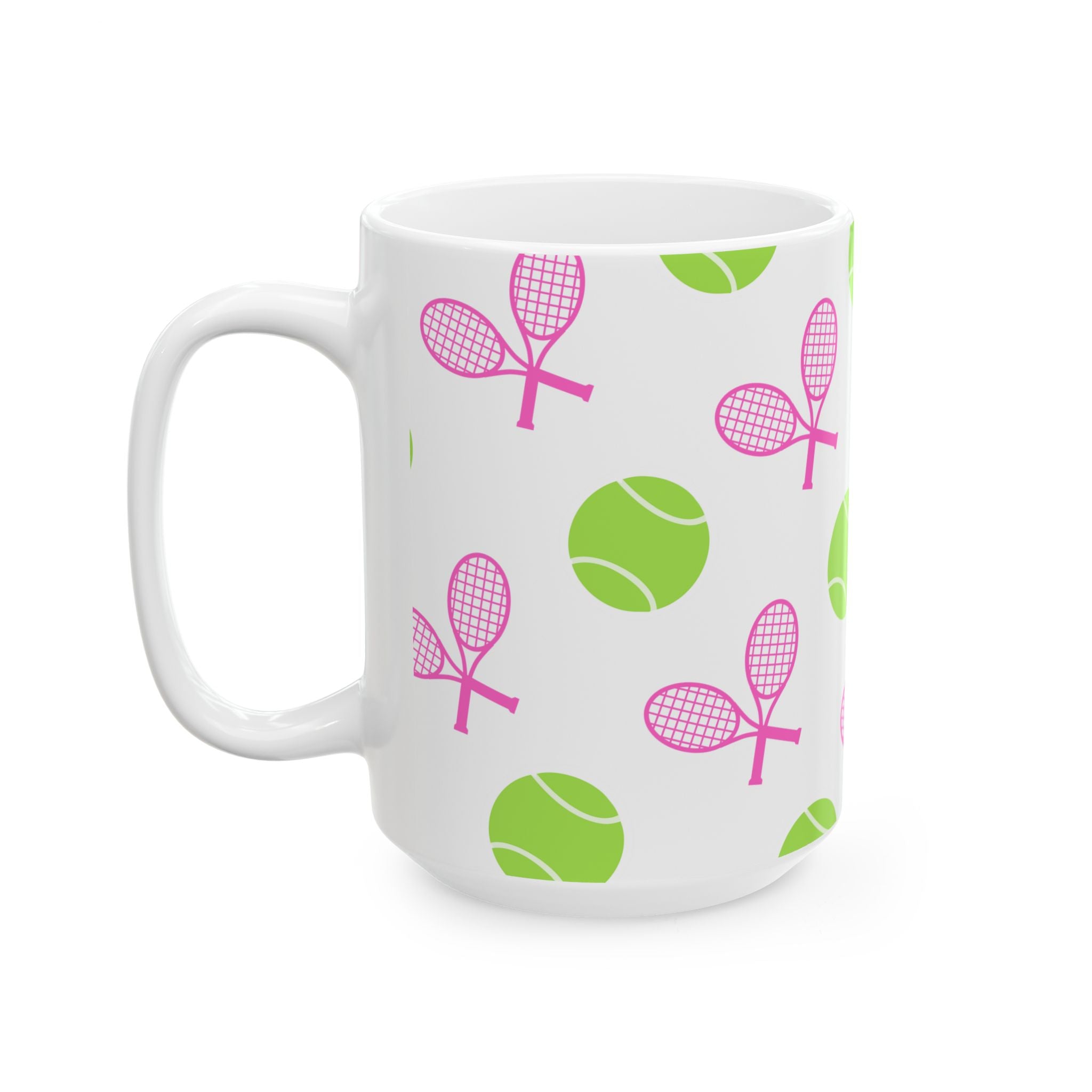 Pink/Green Tennis Racket & Ball Ceramic Mug — 11oz/15oz Sports Gift