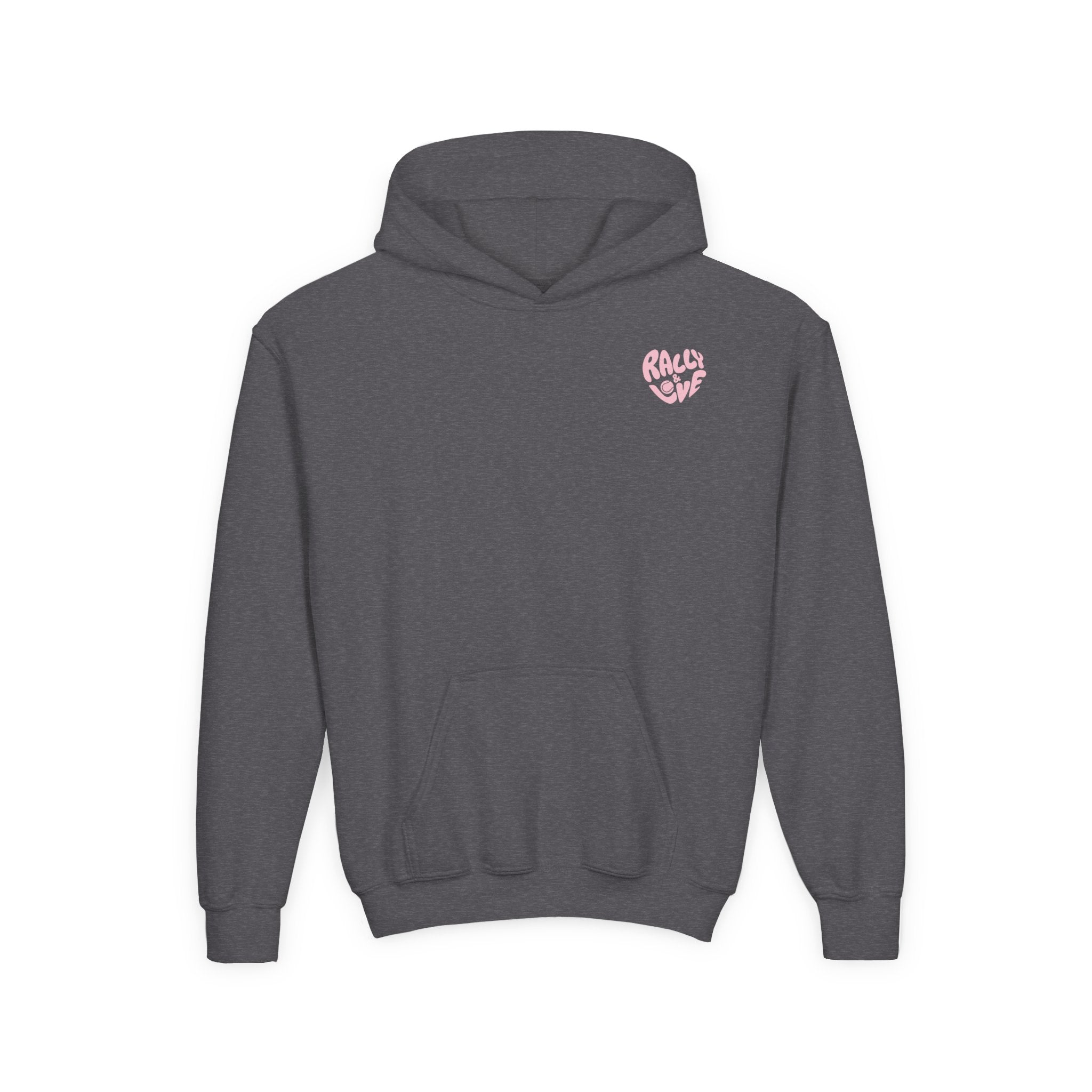 Girl's Junior Hoodie sweatshirt — "Rally & Love" Heart Chest Tennis Graphic Sweatshirt (Pink logo)