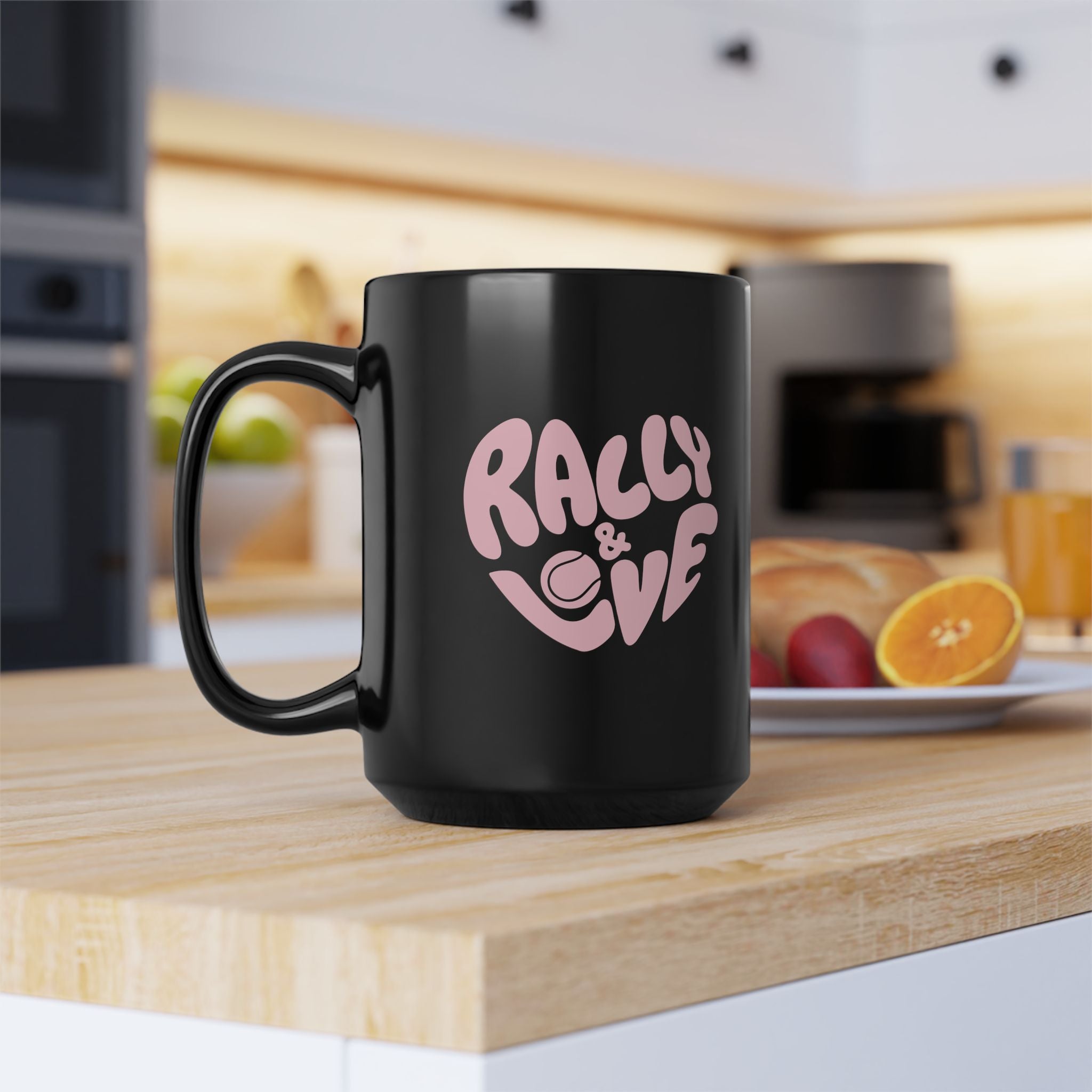 Black Mug (11oz, 15oz) - pink 'Rally & Love' logo