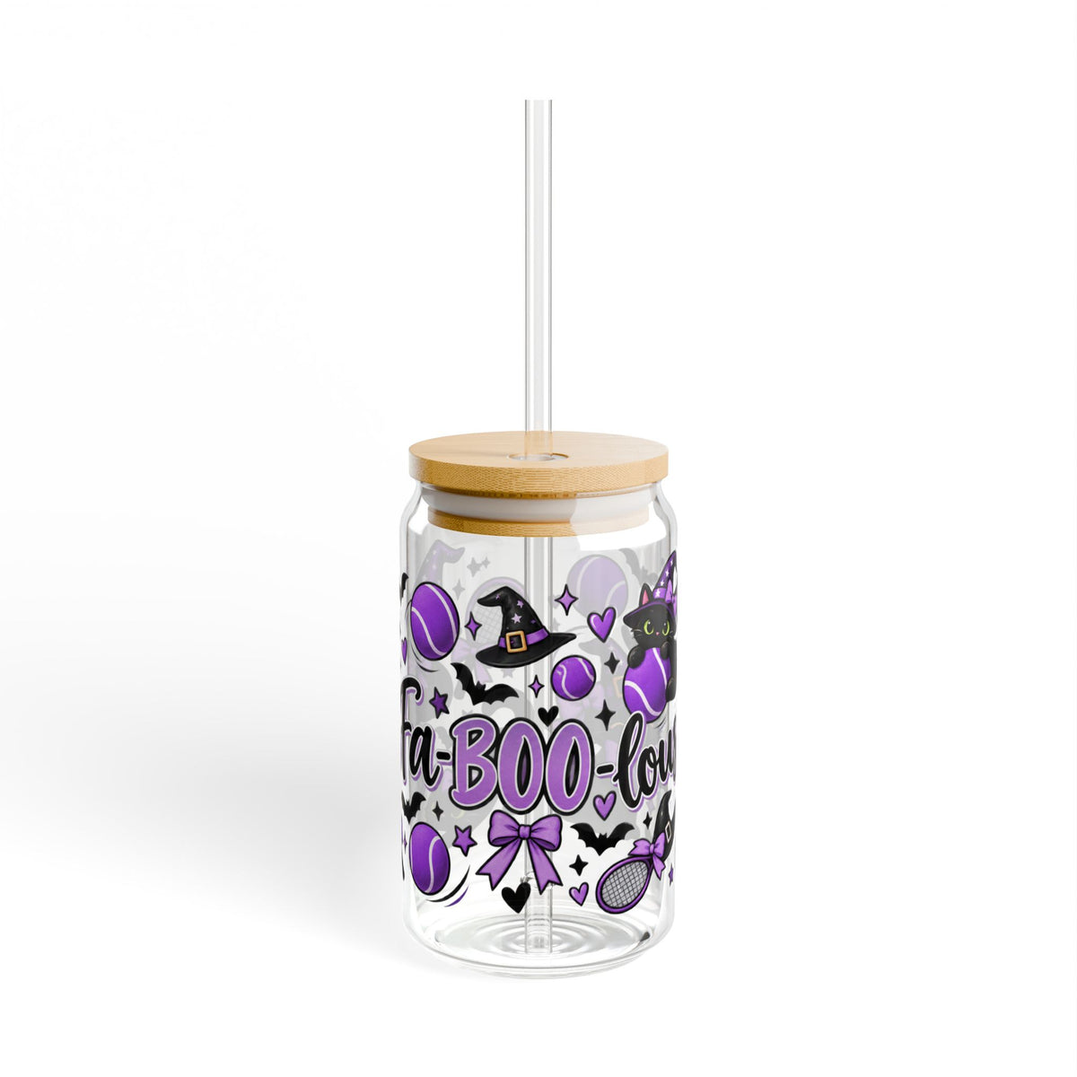 Halloween Cat Sipper Glass 16 oz - 'Fa-Boo-Lous' Cat Witchy Drink Jar