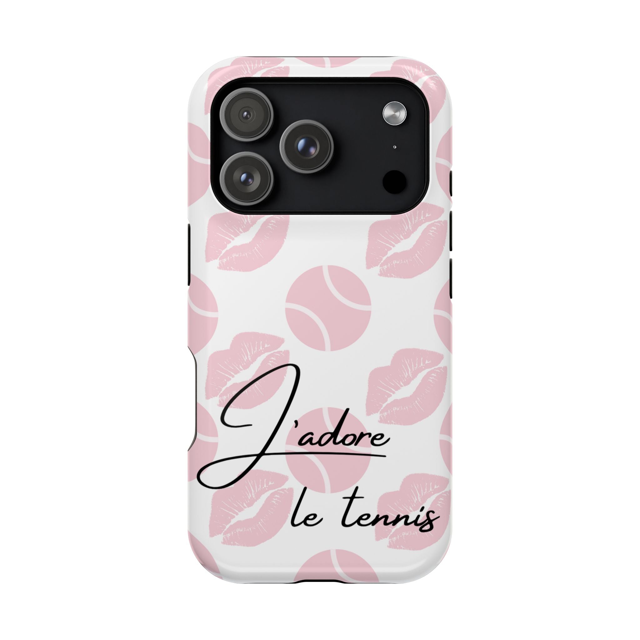 Impact-Resistant Phone Case - 'J'adore le tennis', pink tennis balls/lips