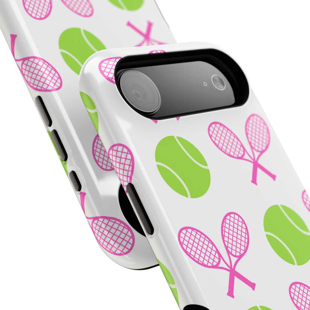 Tennis Pattern Impact-Resistant Phone Case — Pink Rackets & Green Balls