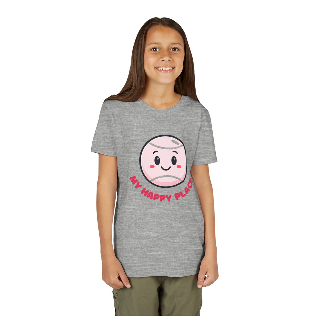 Girl's Junior Tee — Cute Smiling Tennis Ball "My Happy Place" Kids Shirt