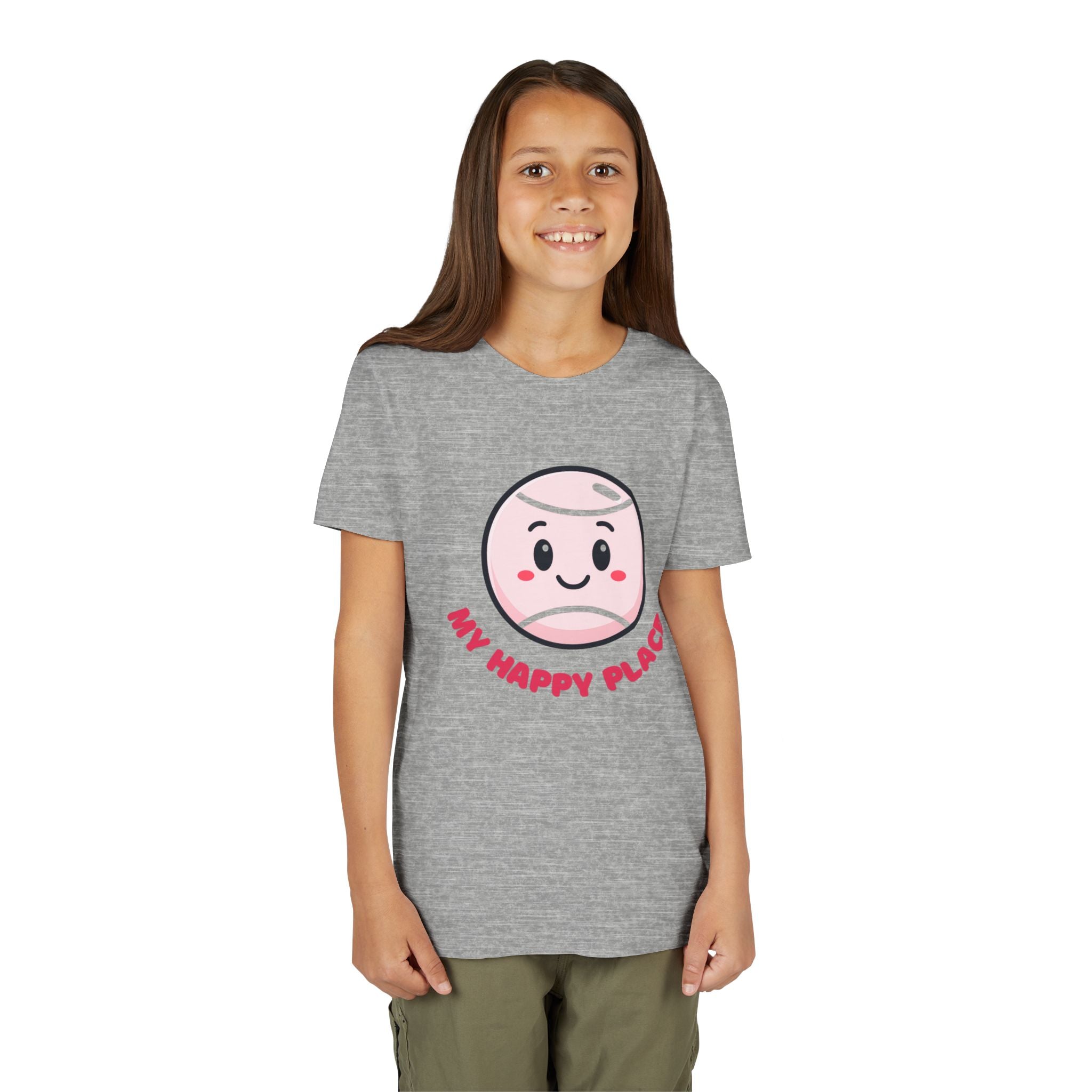 Girl's Junior Tee — Cute Smiling Tennis Ball "My Happy Place" Kids Shirt