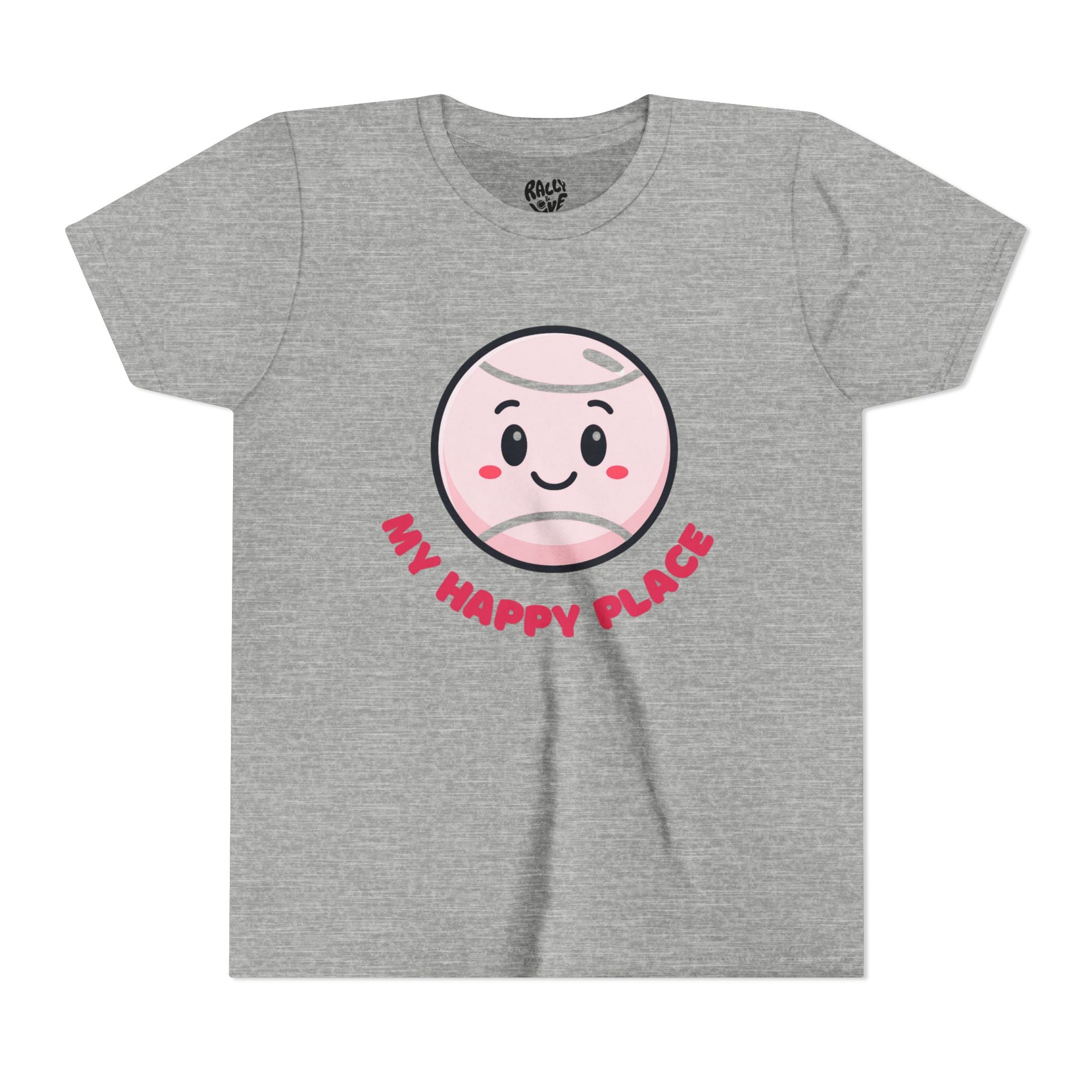 Girl's Junior Tee — Cute Smiling Tennis Ball "My Happy Place" Kids Shirt