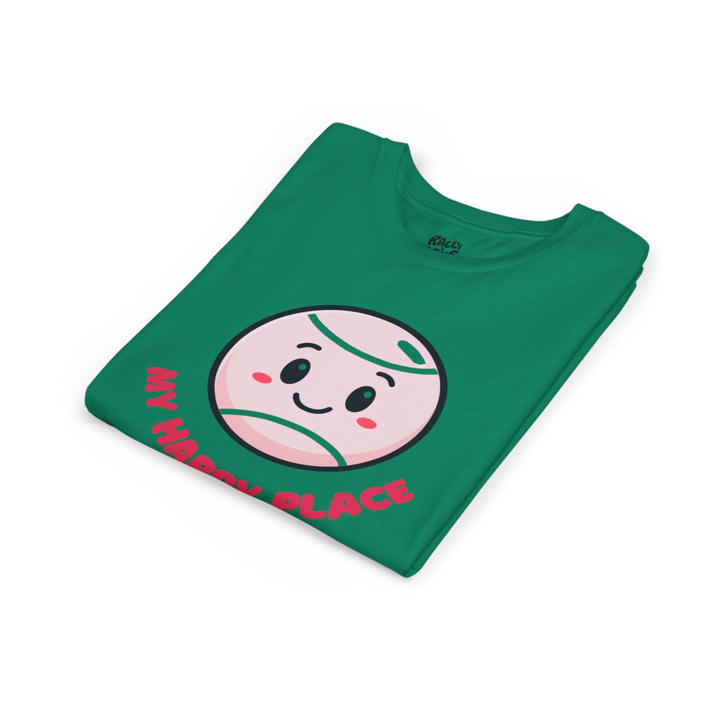 Girl's Junior Tee — Cute Smiling Tennis Ball "My Happy Place" Kids Shirt