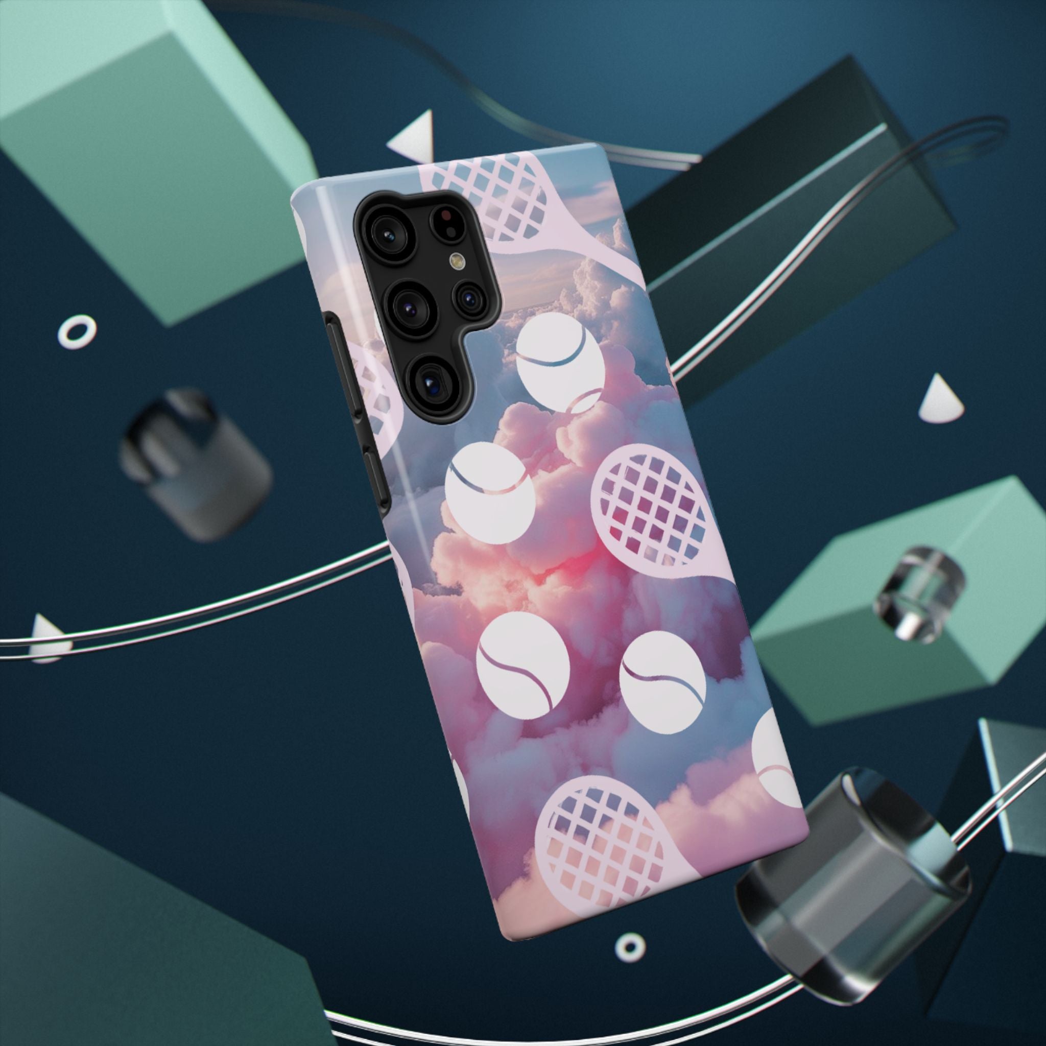Tennis Impact-Resistant Phone Case — Tennis Rackets & Balls on Cloudscape