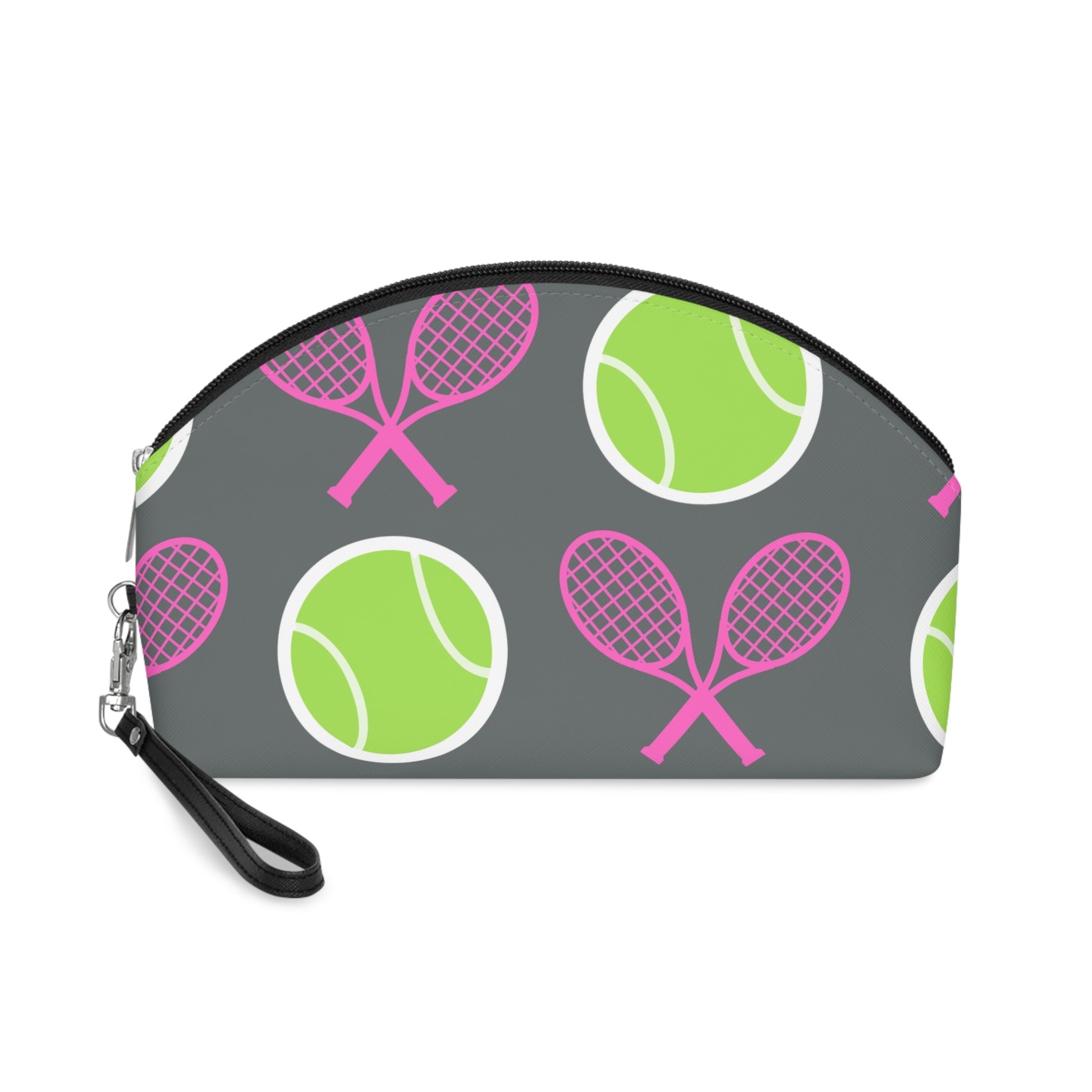 Tennis Makeup Bag — Gray/Pink/Yellow Tennis Ball & Racket Cosmetic Pouch for Players