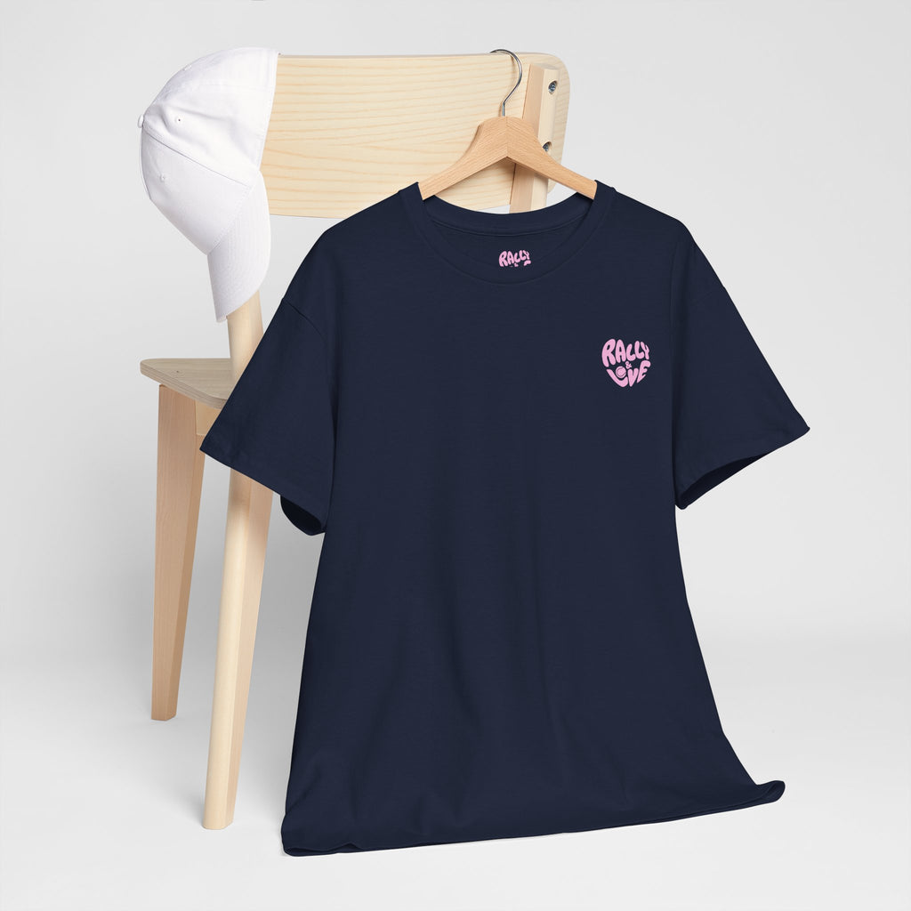 Women's Tee - Minimalist "Rally & Love" logo Chest Print (bubblegum pink)