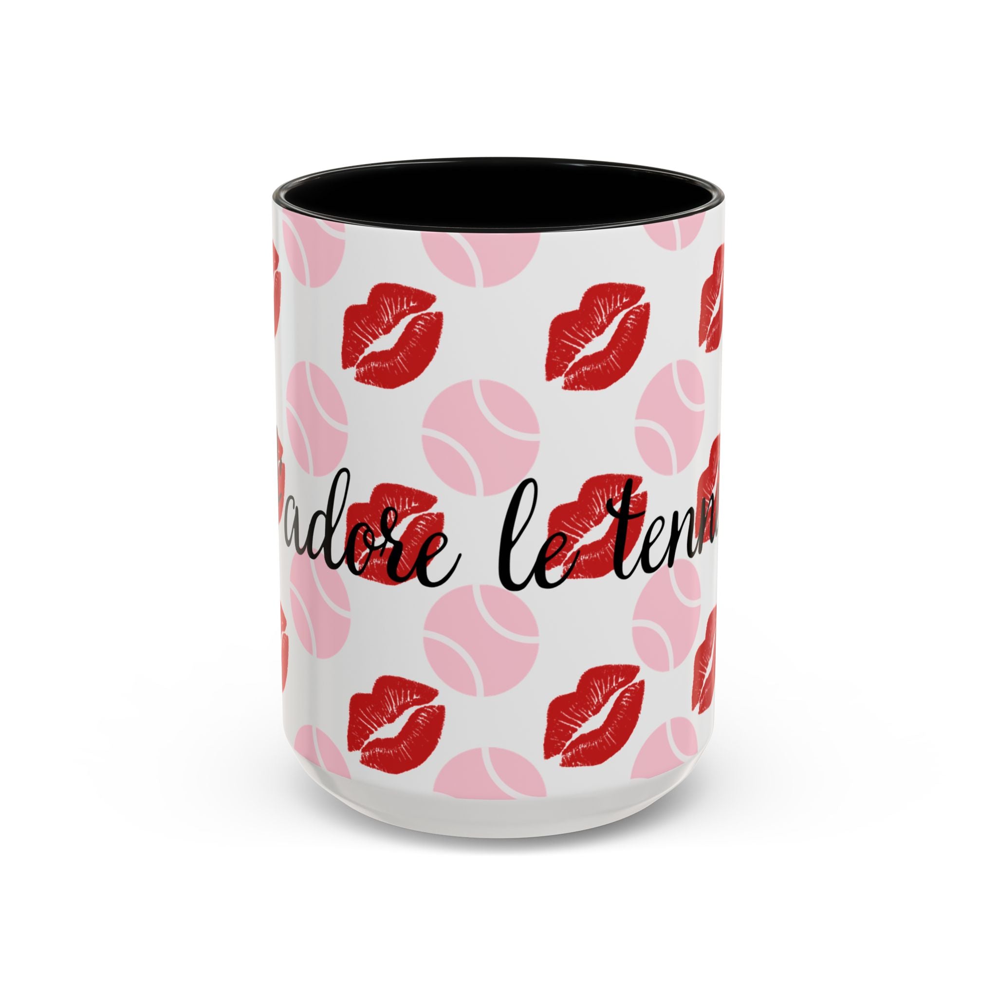 Tennis Kiss Accent Coffee Mug — 'Adore Le Tennis' Pink Balls & Red Lip Pattern (11/15 oz)