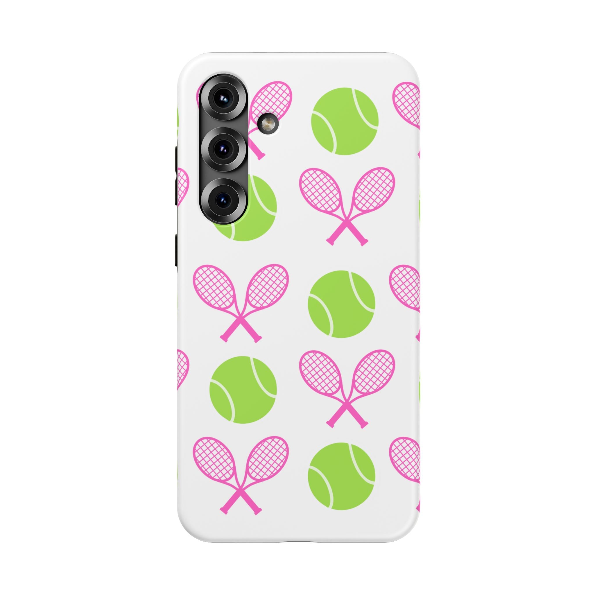 Tennis Pattern Impact-Resistant Phone Case — Pink Rackets & Green Balls