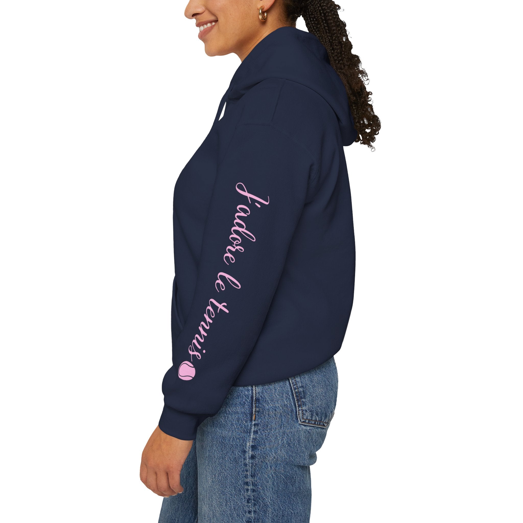 Women's Hoodie sweatshirt — "J'adore le tennis" Tennis Ball Sleeve Design (bubblegum pink)