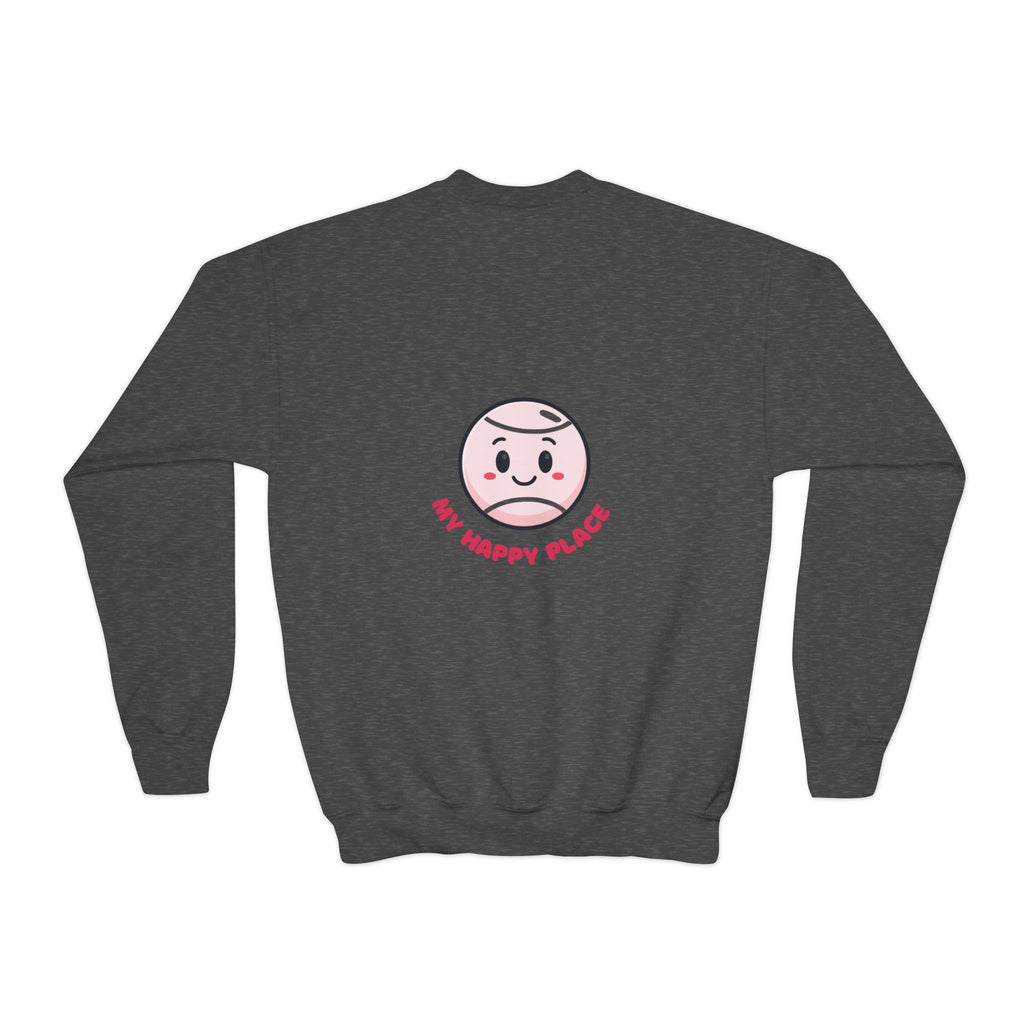 Girl's Junior Crewneck Sweatshirt — Cute Smiling Tennis Ball "My Happy Place" Kids Shirt
