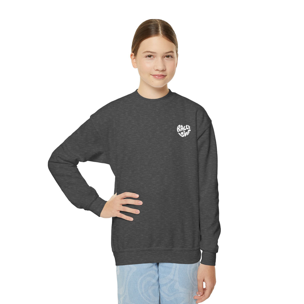 Girl's Junior Crewneck Sweatshirt — Cute Smiling Tennis Ball "My Happy Place" Kids Shirt