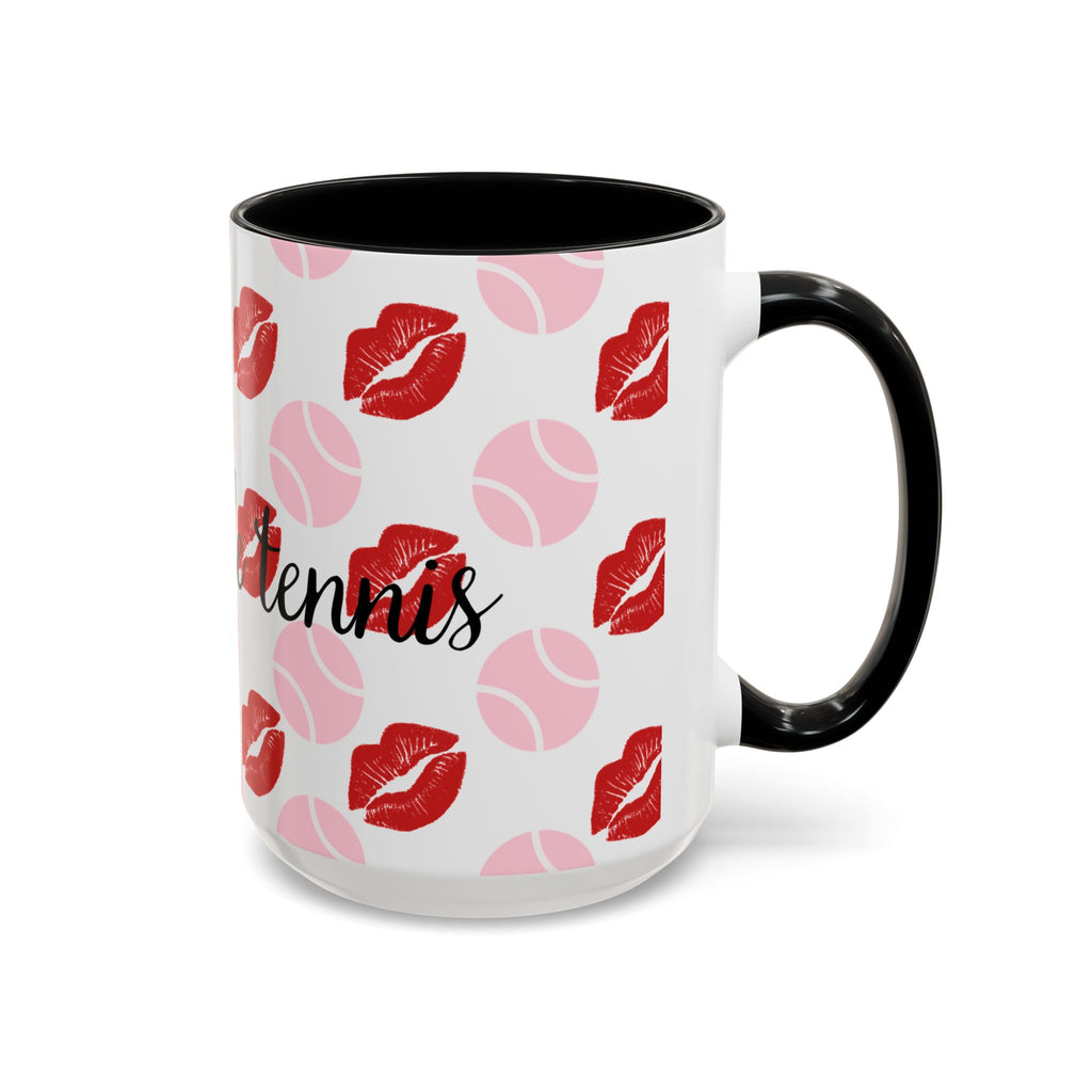 Tennis Kiss Accent Coffee Mug — 'Adore Le Tennis' Pink Balls & Red Lip Pattern (11/15 oz)