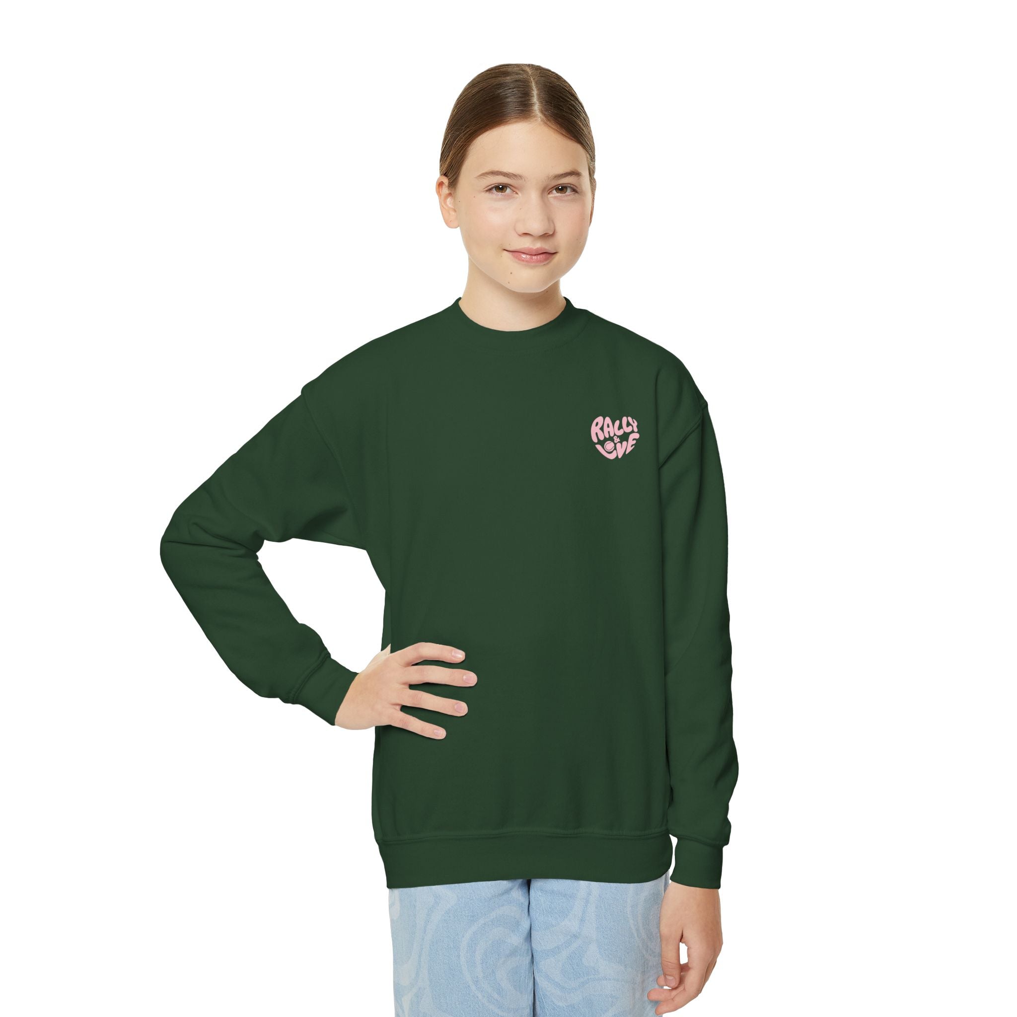 Girls Junior Tennis Crewneck Sweatshirt — 'Rally & Love' logo (bubblegum pink)