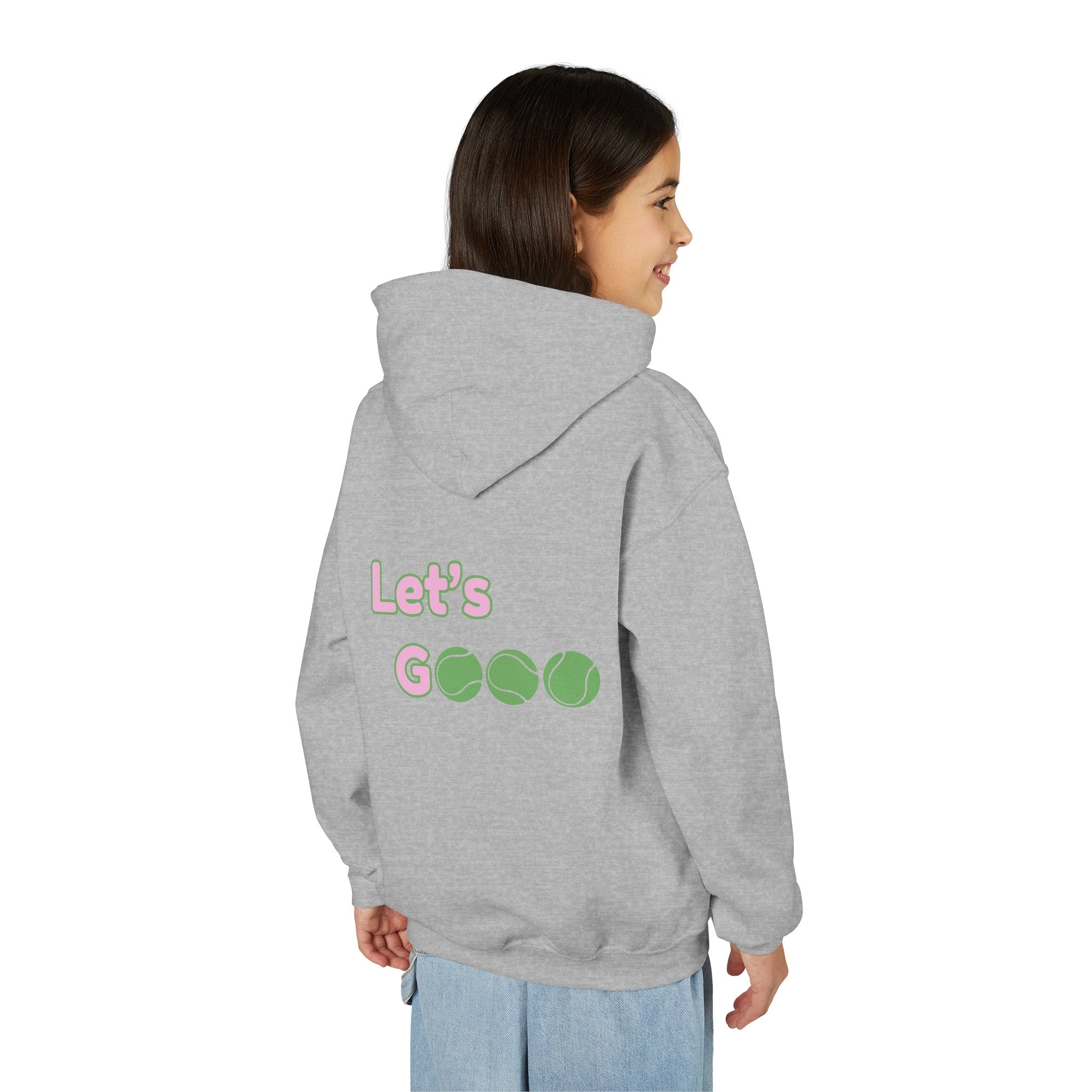 Girl's Junior Hoodie sweatshirt — “Let’s Go” Tennis Graphic Sweatshirt (Pink & Green)