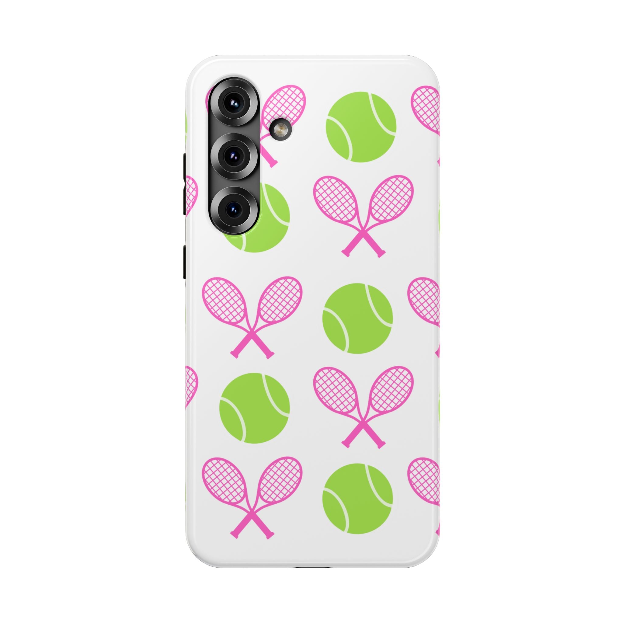 Tennis Pattern Impact-Resistant Phone Case — Pink Rackets & Green Balls
