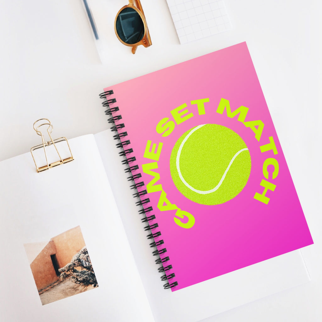 Game Set Match Tennis Spiral Notebook — Pink Gradient Ruled Journal