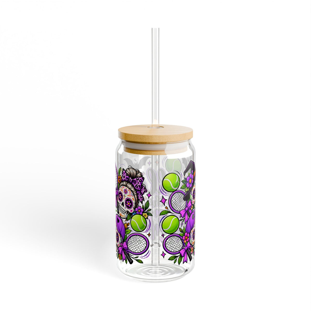 Halloween Sugar Skull Tennis Sipper Glass 16oz - 'Volley of the Dead' Halloween Sugar Skull